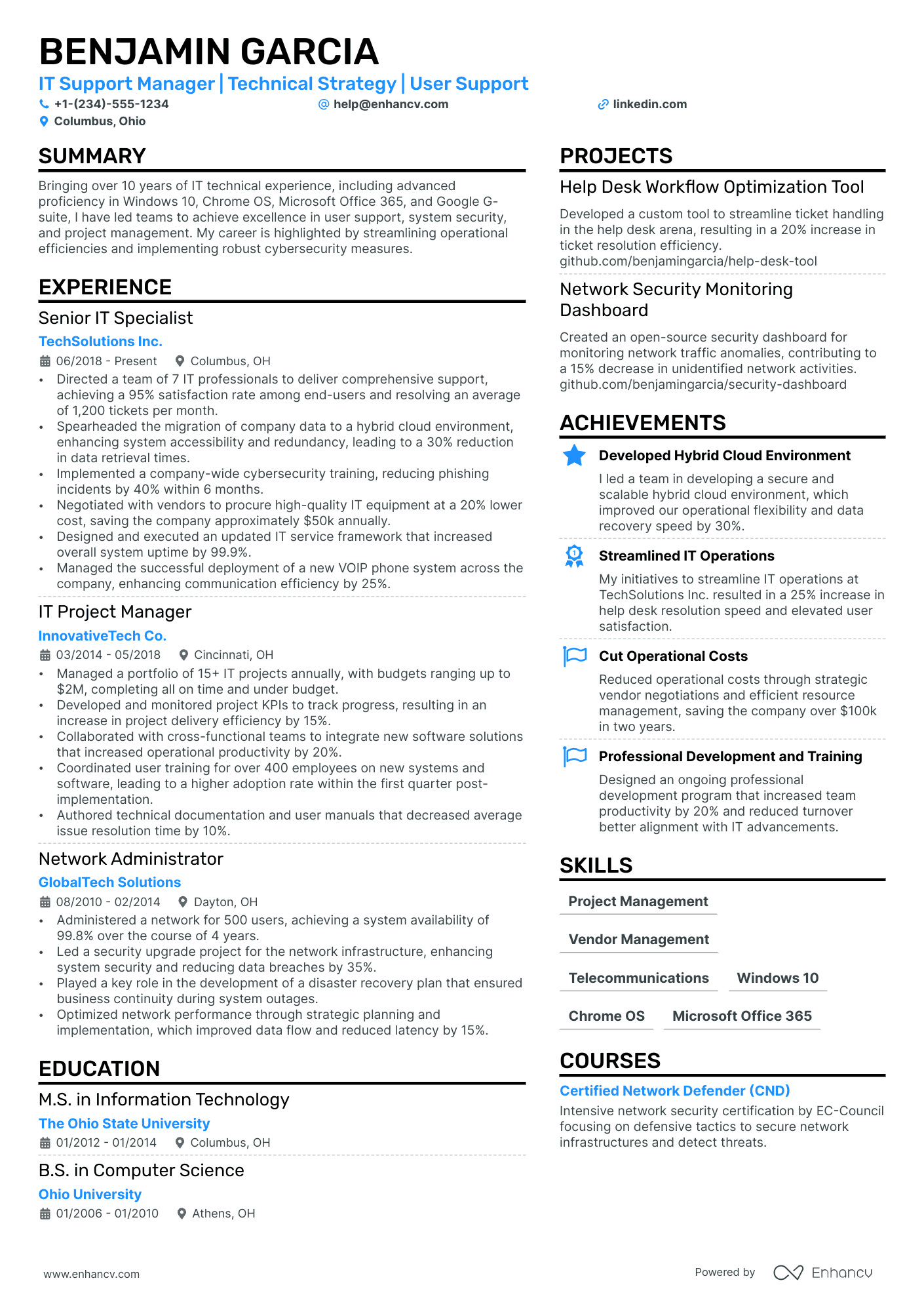 IT Support Manager Resume Example