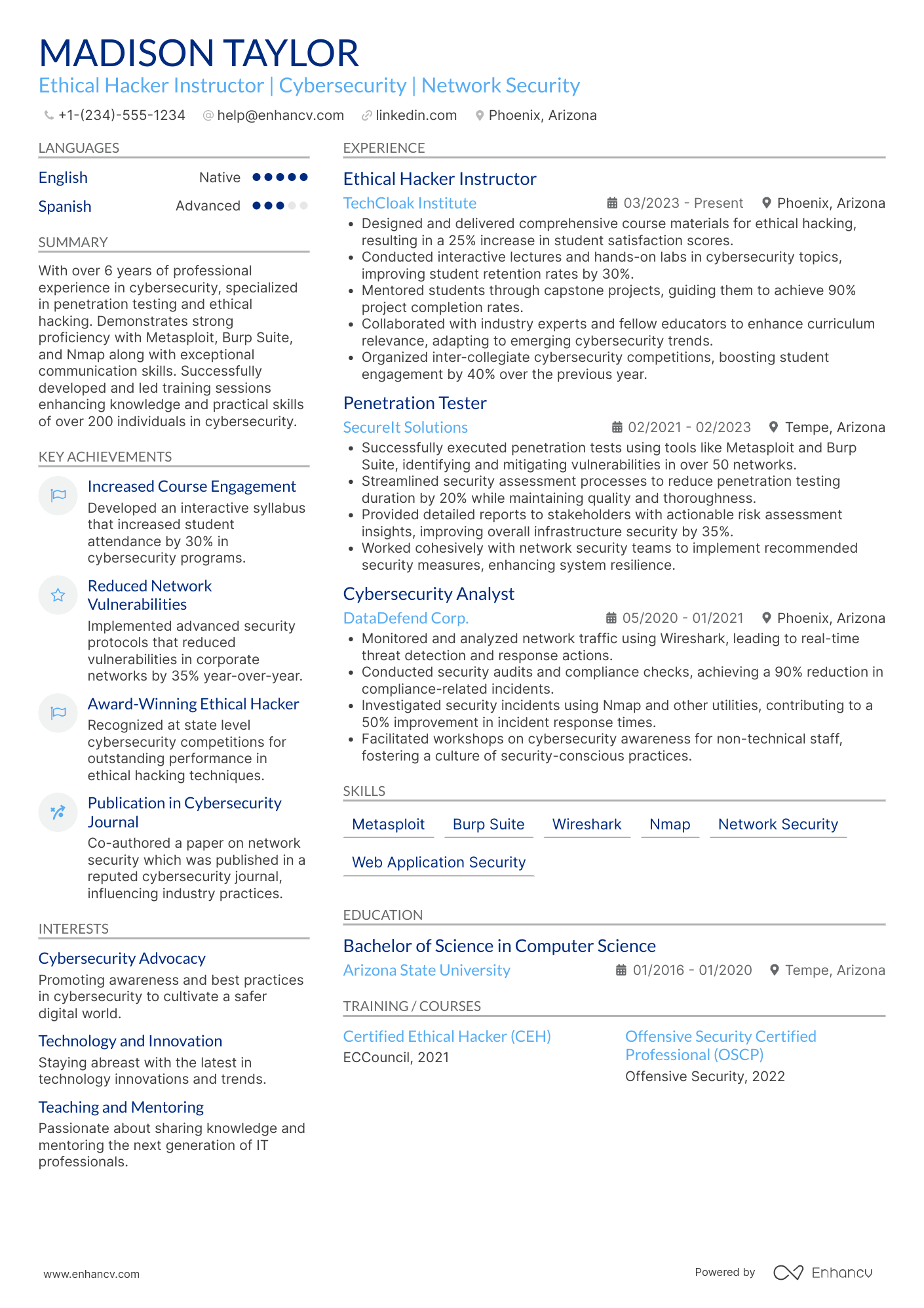 Ethical Hacker Instructor Resume Example