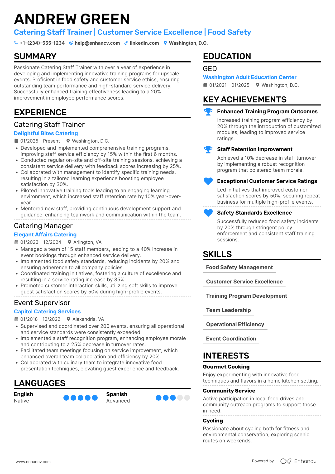Catering Staff Trainer Resume Example