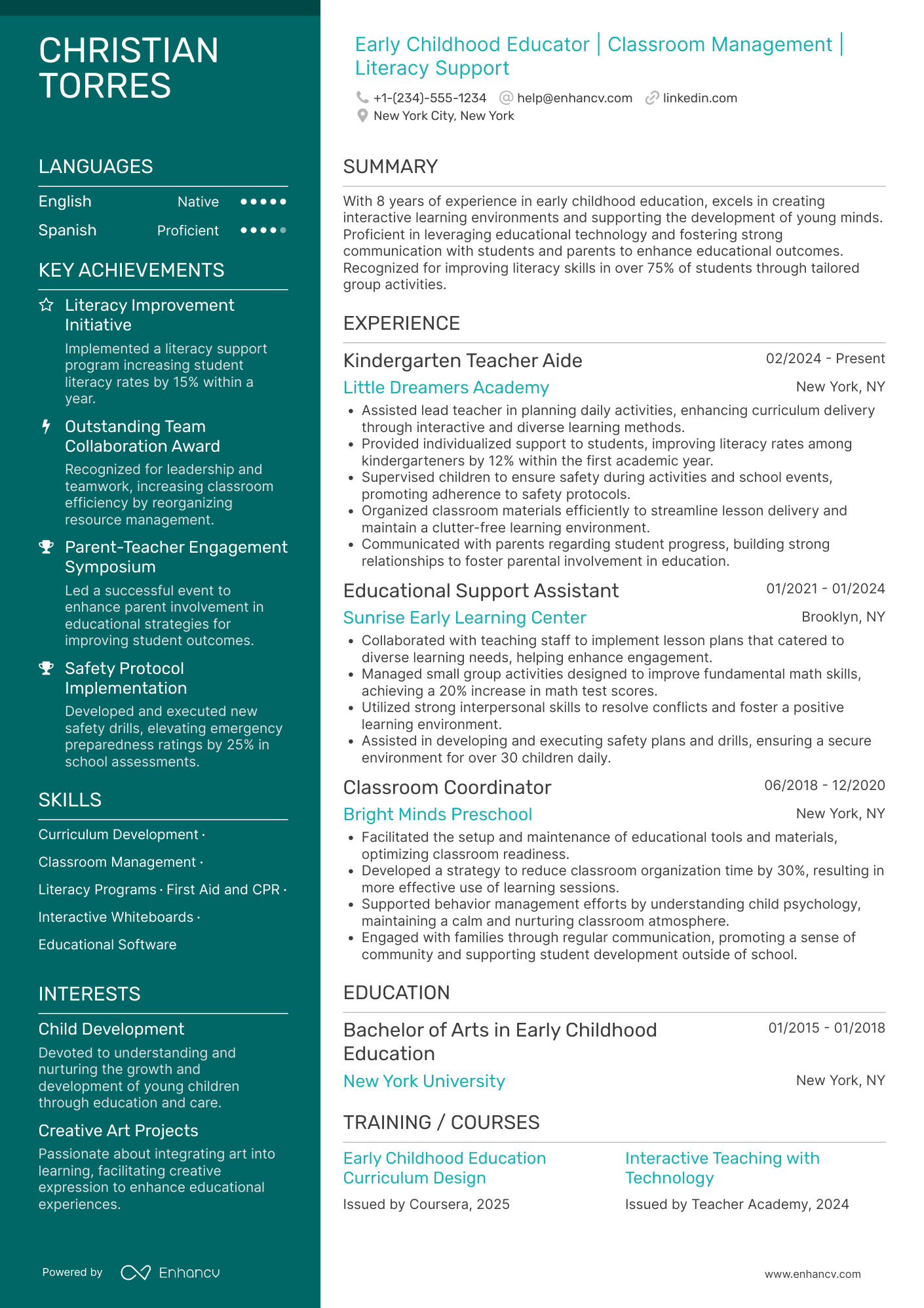 Kindergarten Teacher Aide Resume Example