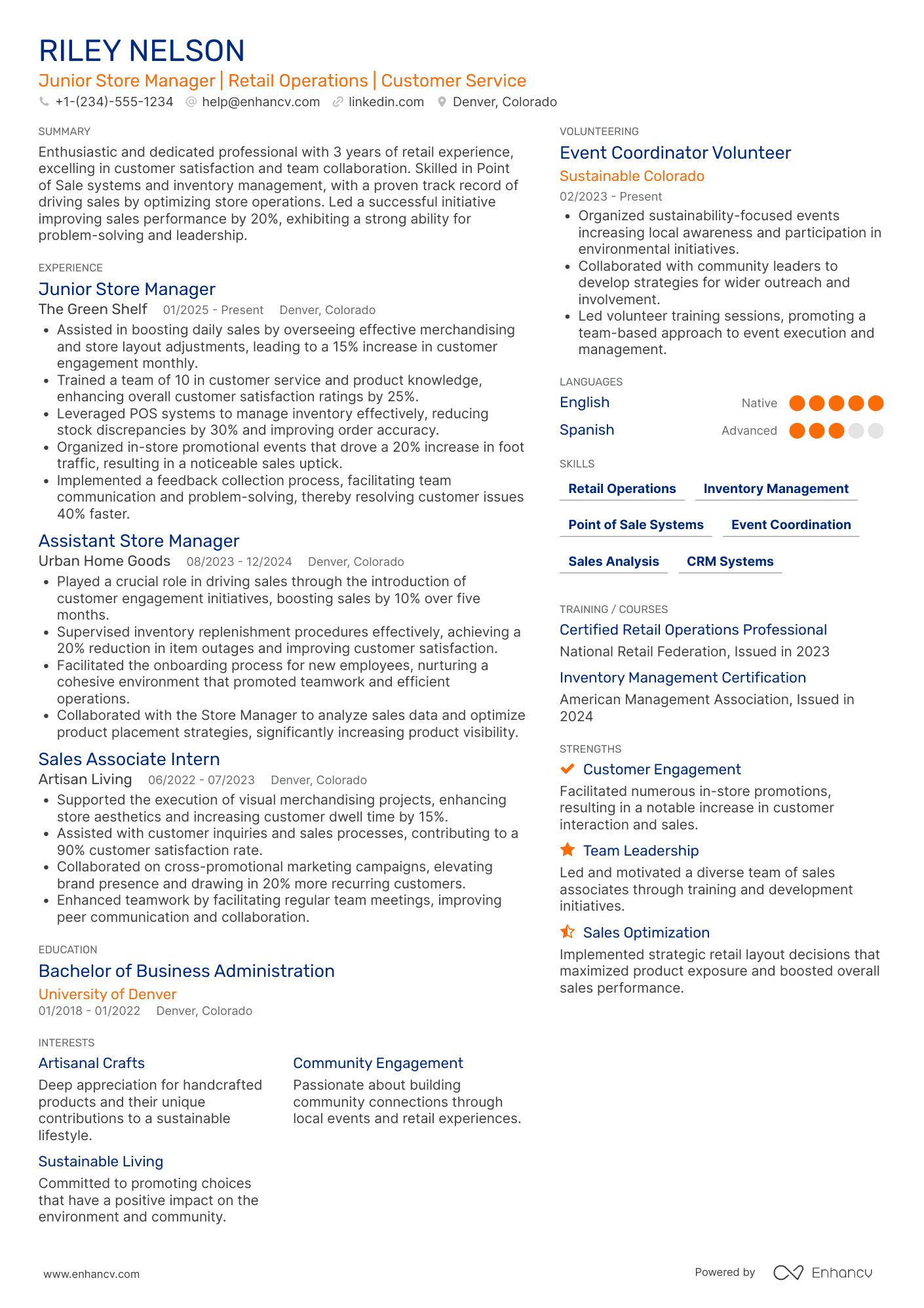 Junior Store Manager Resume Example