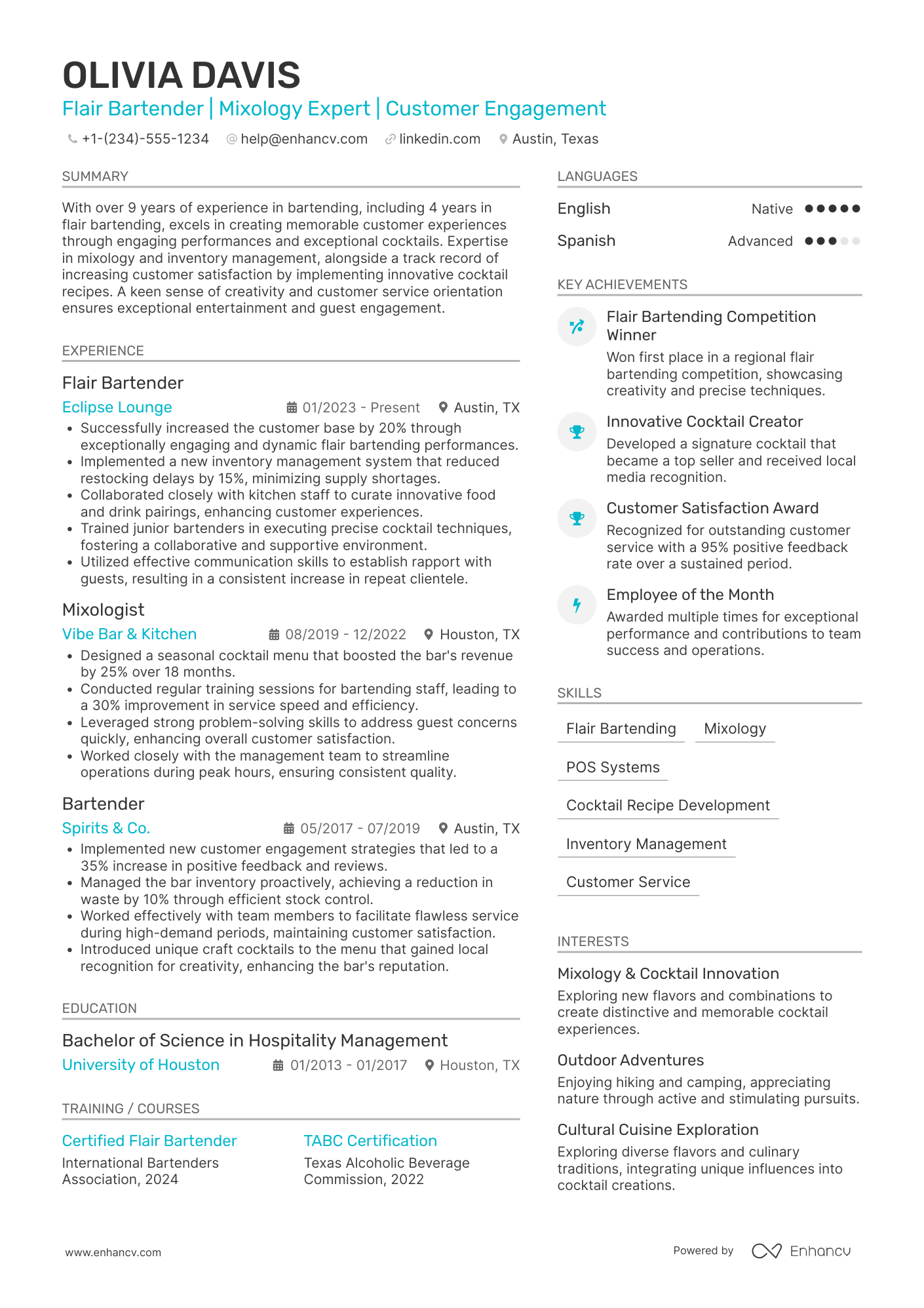 Flair Bartender Resume Example