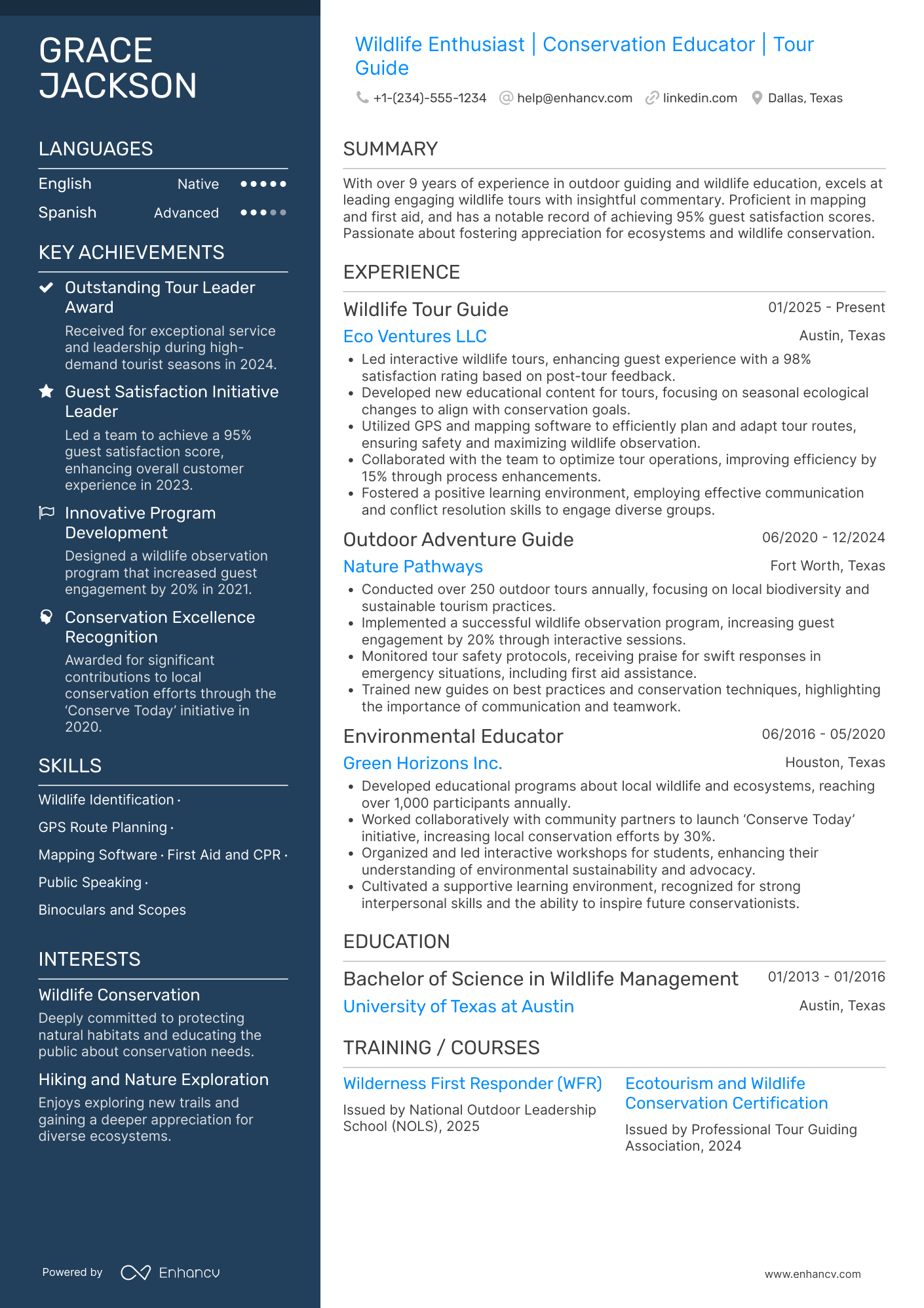 Wildlife Tour Guide Resume Example