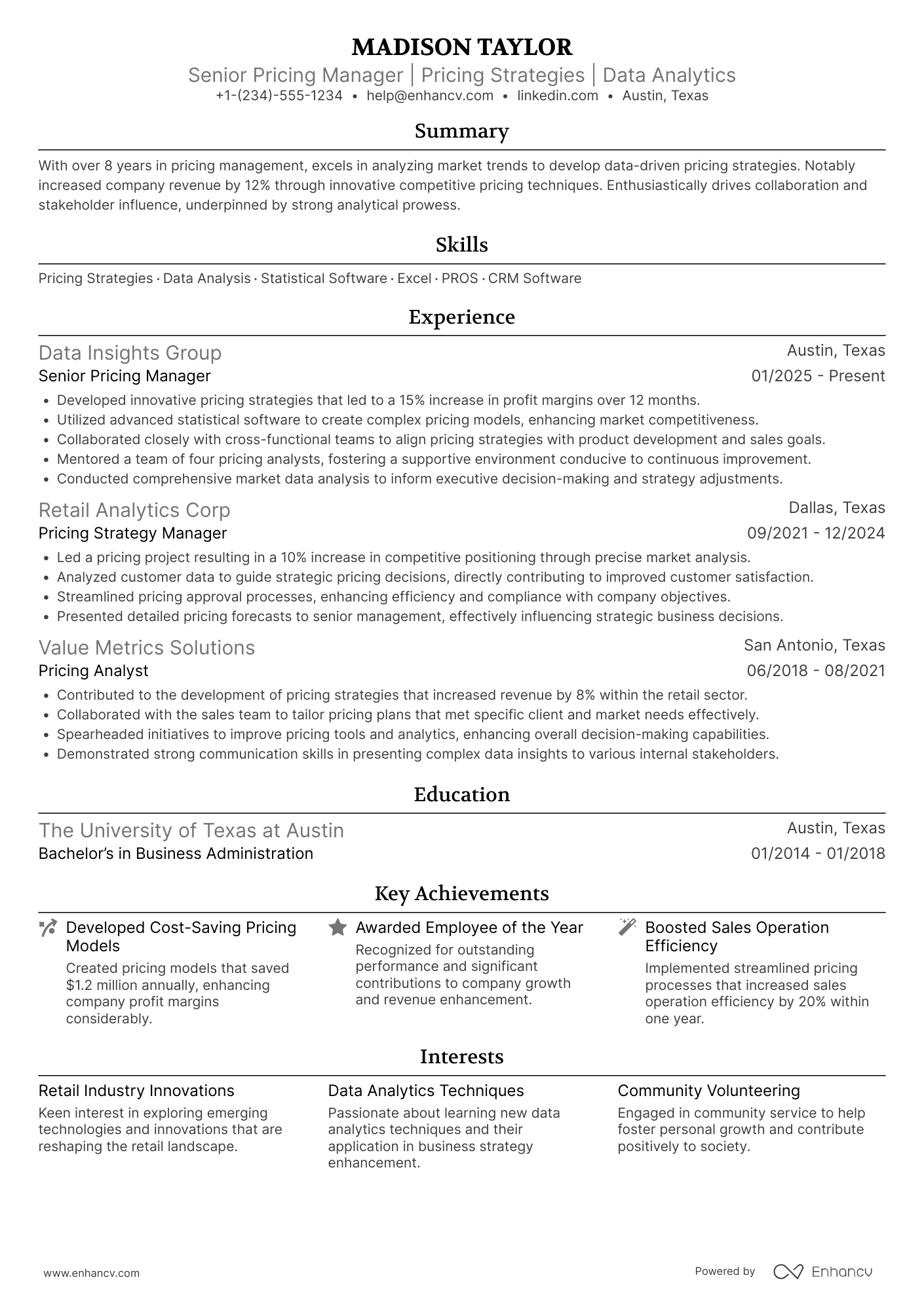 Senior Pricing Manager Resume Example