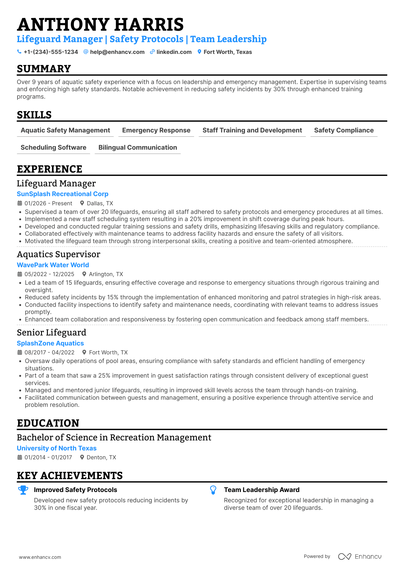Lifeguard Manager Resume Example