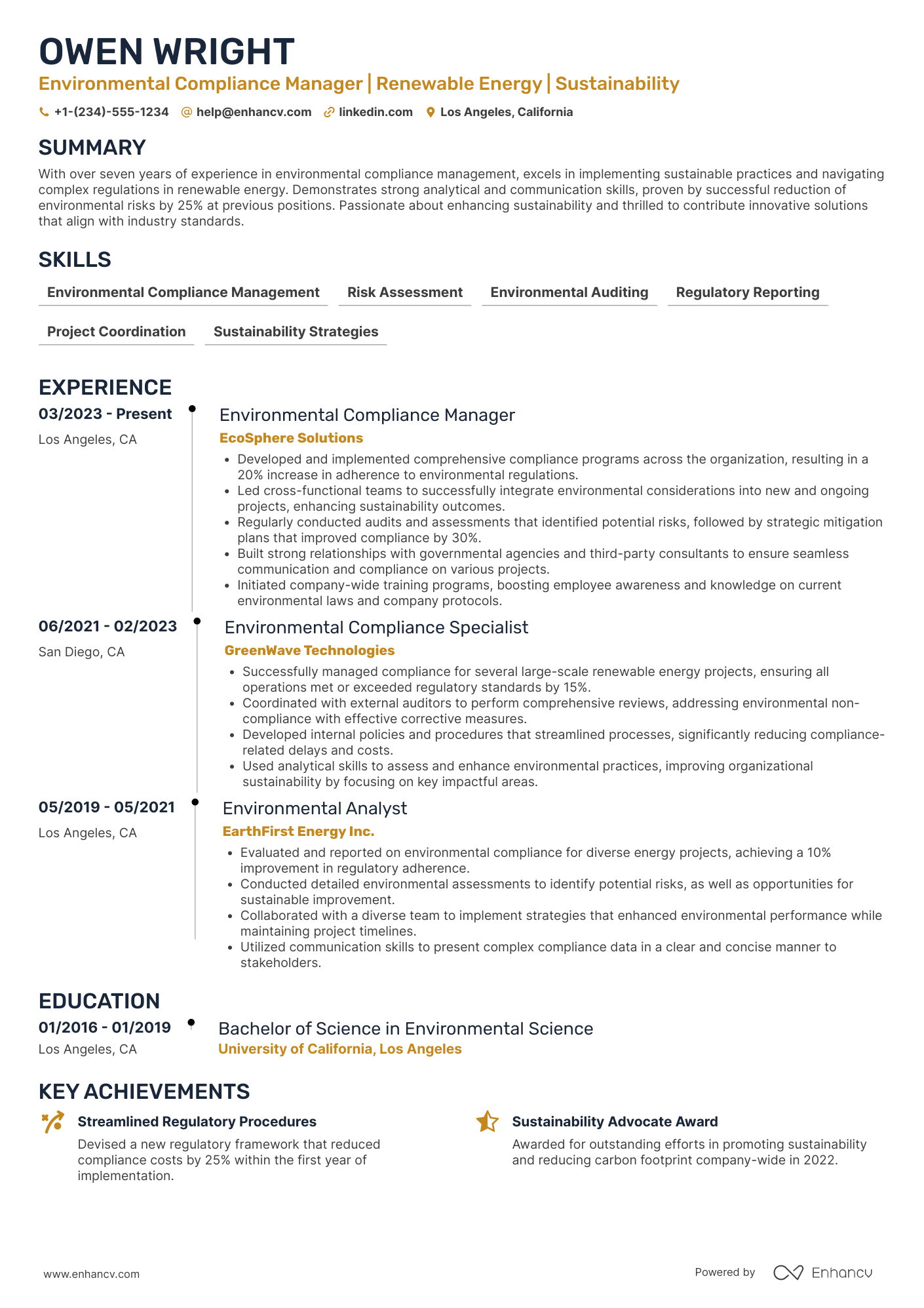Environmental Compliance Manager Resume Example