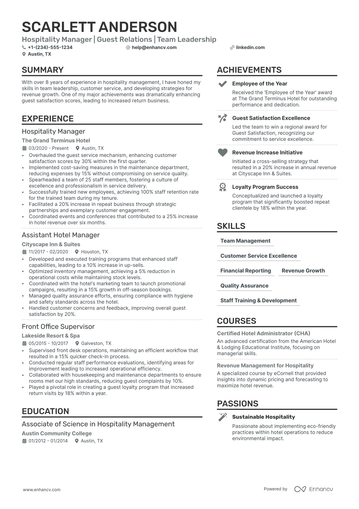Hotel Assistant Manager Resume Example