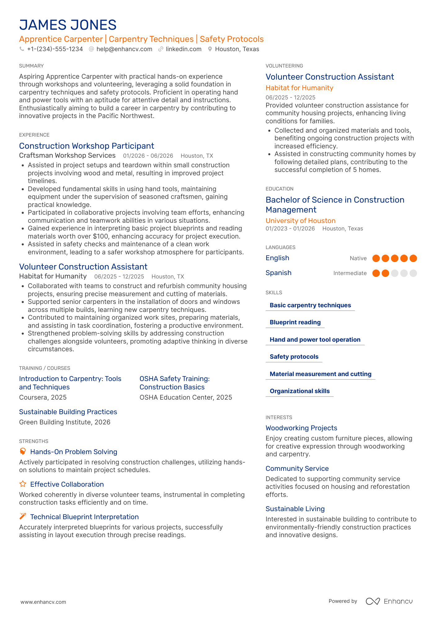 Apprentice Carpenter Resume Example