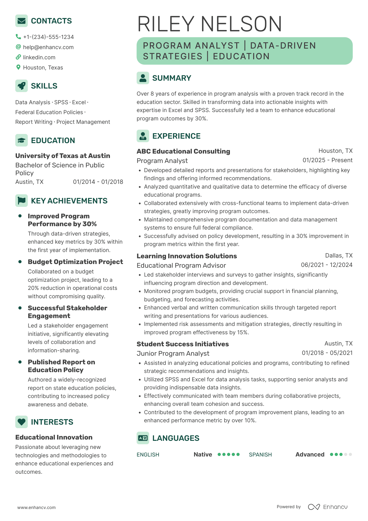 US Department of Education Program Analyst Resume Example