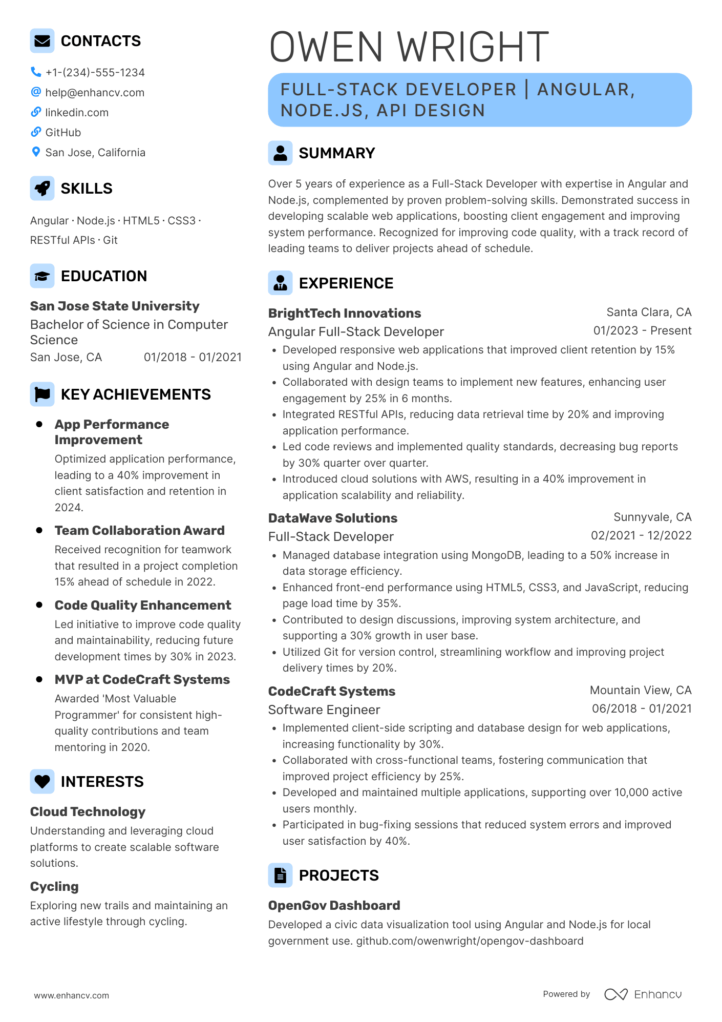 Angular Full Stack Developer Resume Example