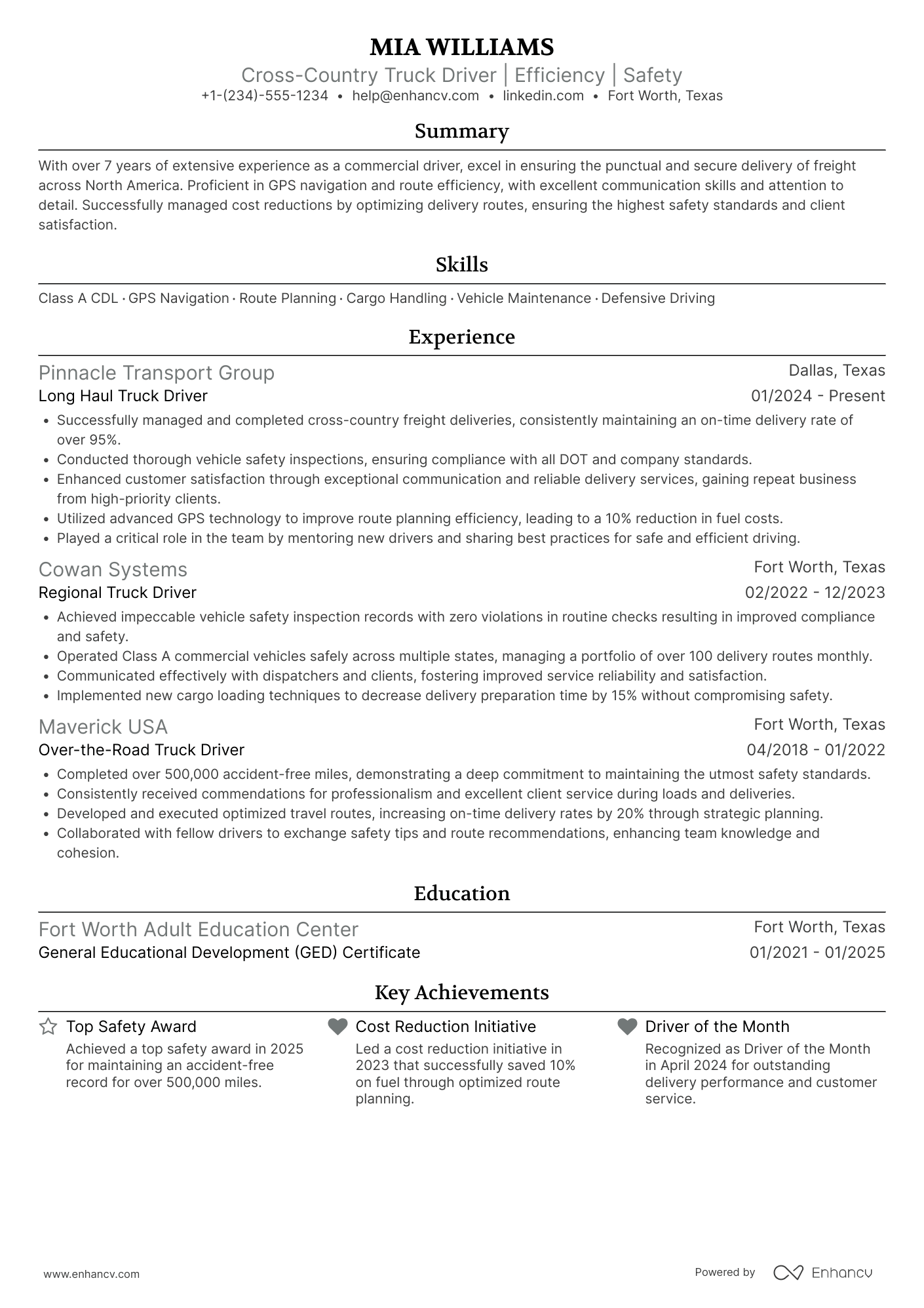 Cross Country Truck Driver Resume Example