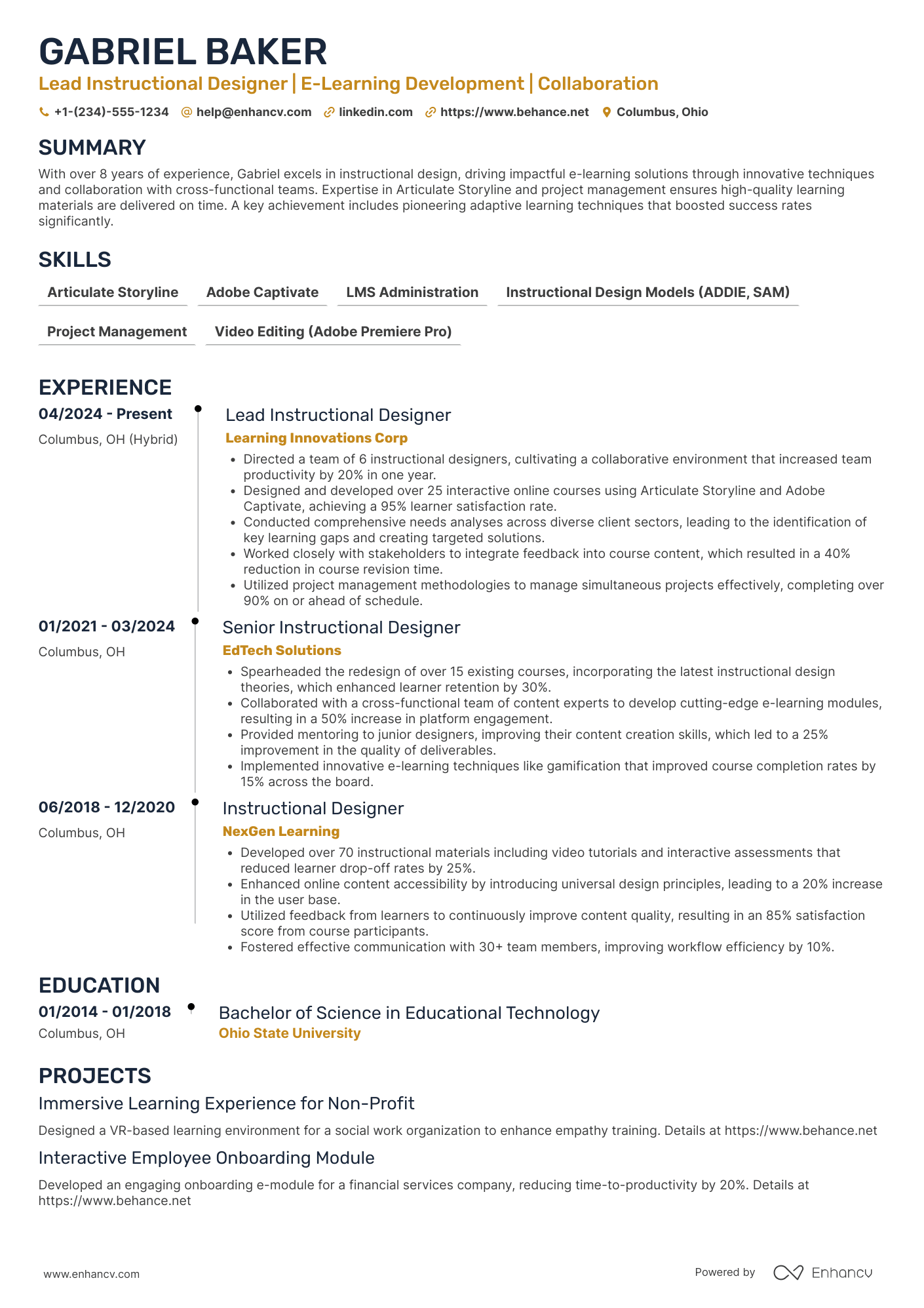 Lead Instructional Designer Resume Example