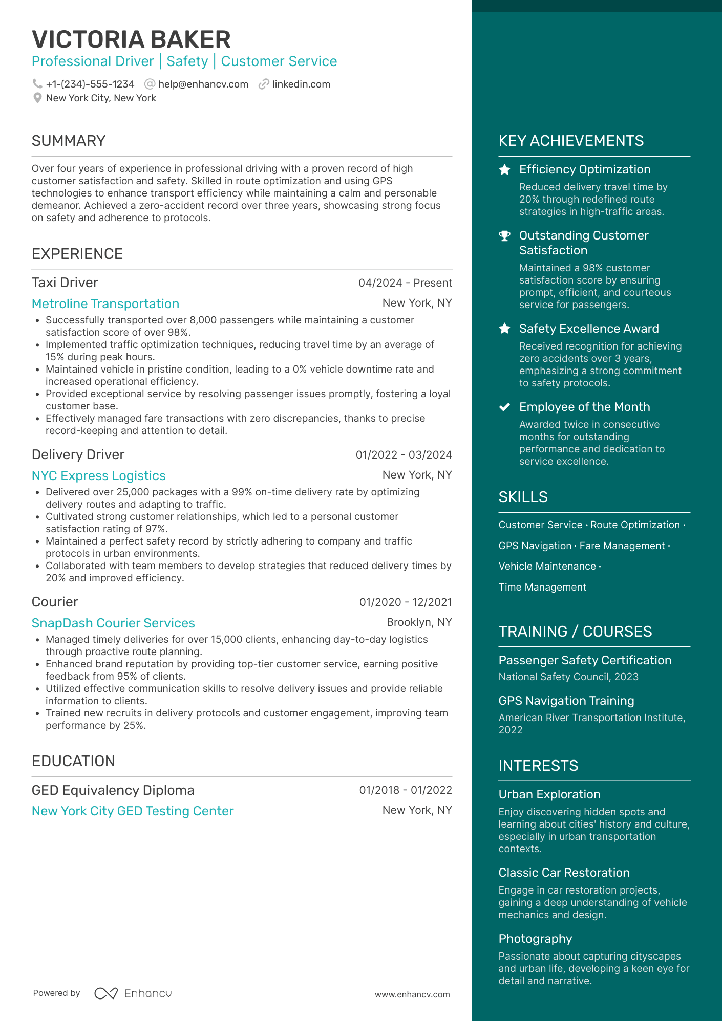 Taxi Driver Resume Example