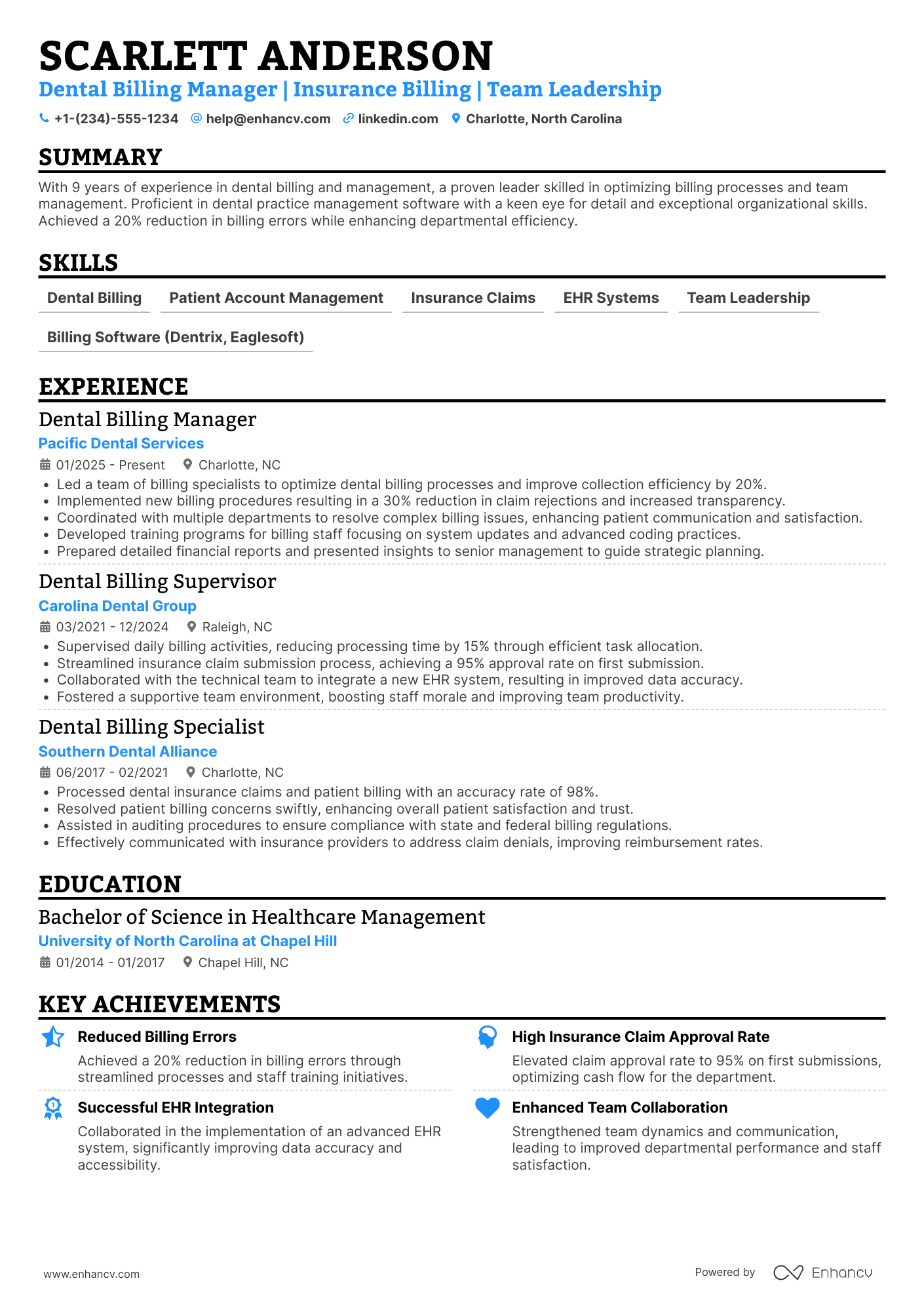 Dental Billing Manager Resume Example