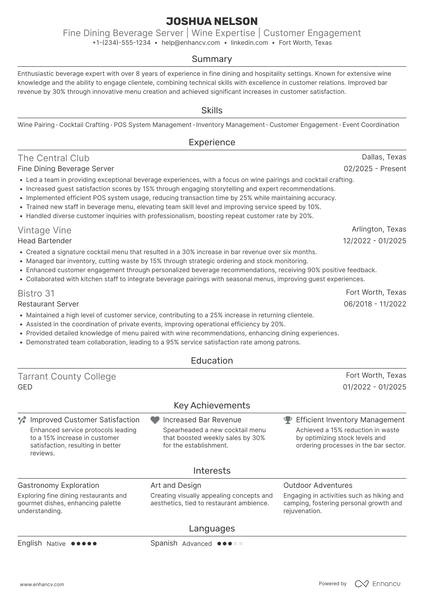 Fine Dining Beverage Server Resume Example