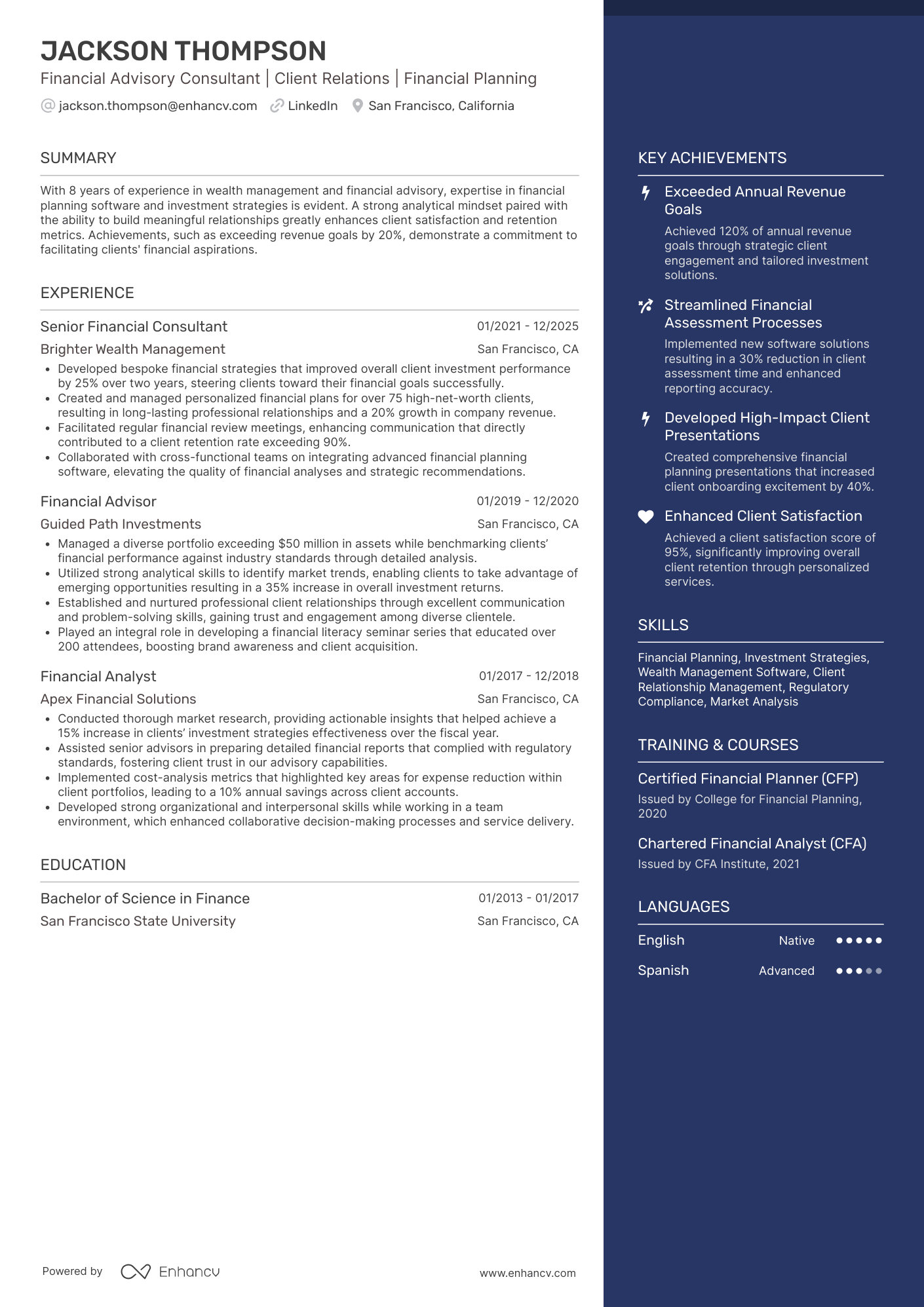 Financial Advisory Consultant Resume Example