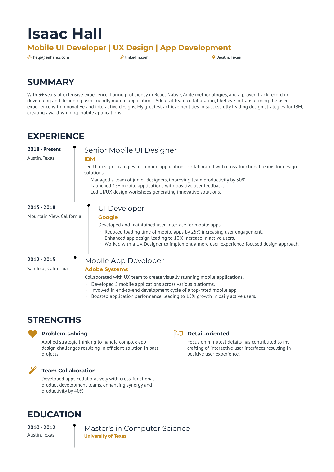Mobile UI Developer Resume Example