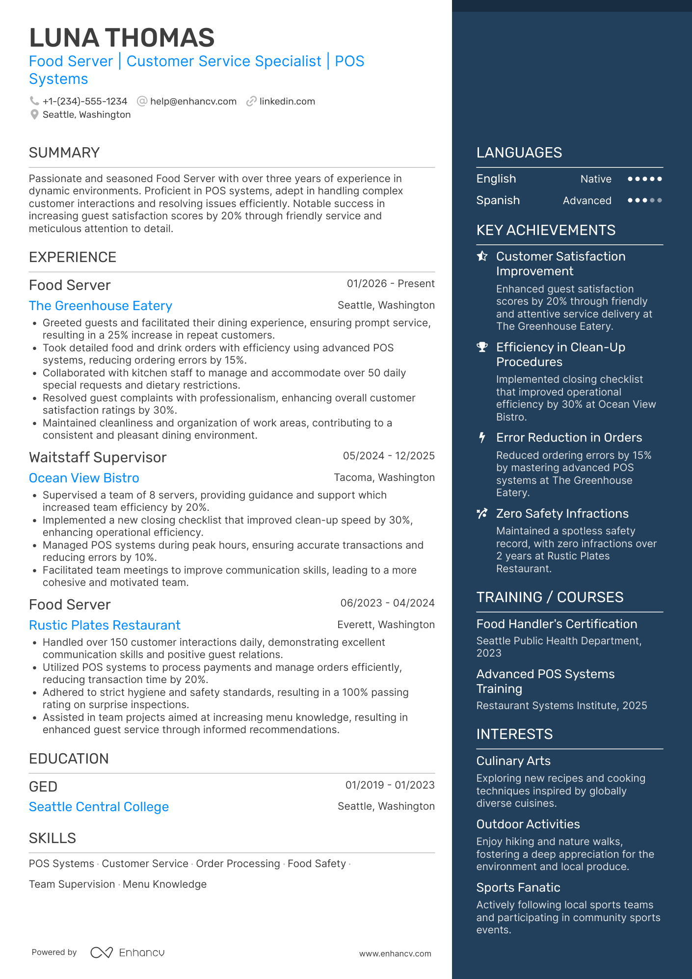 Food Server Resume Example