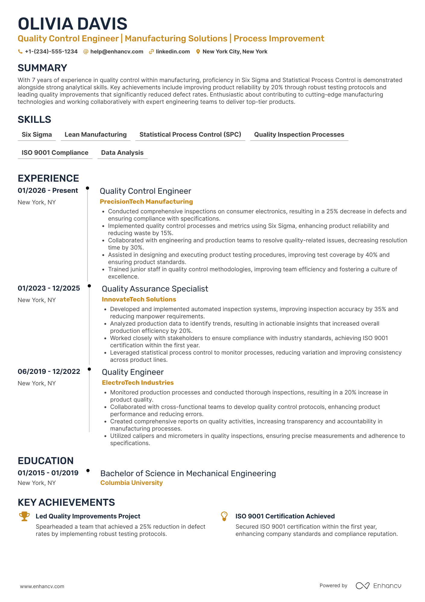 Mid Level Quality Control Engineer Resume Example