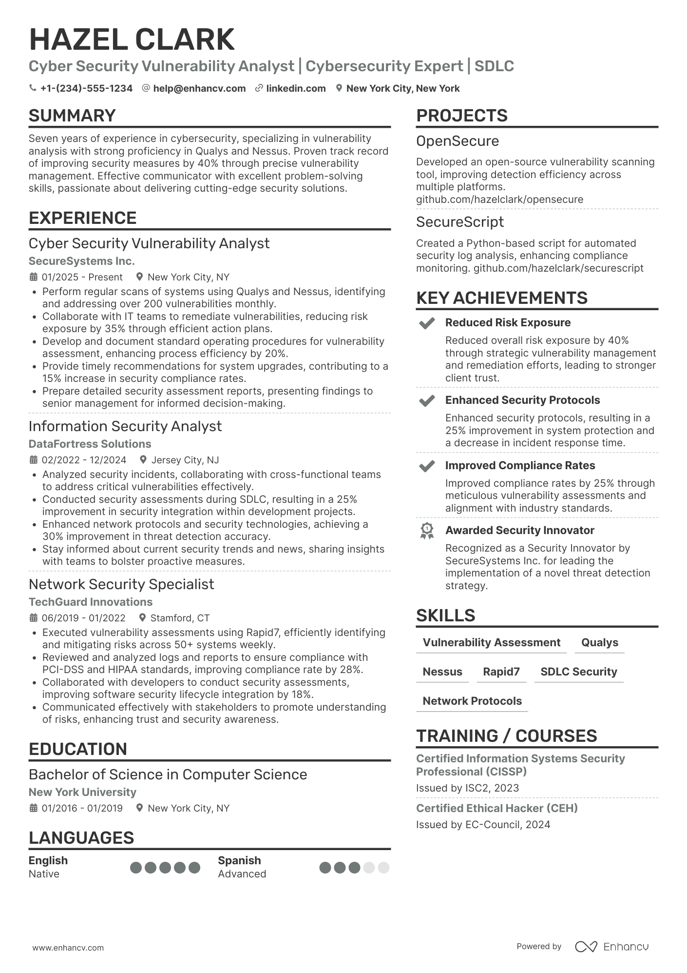 Cyber Security Vulnerability Analyst Resume Example