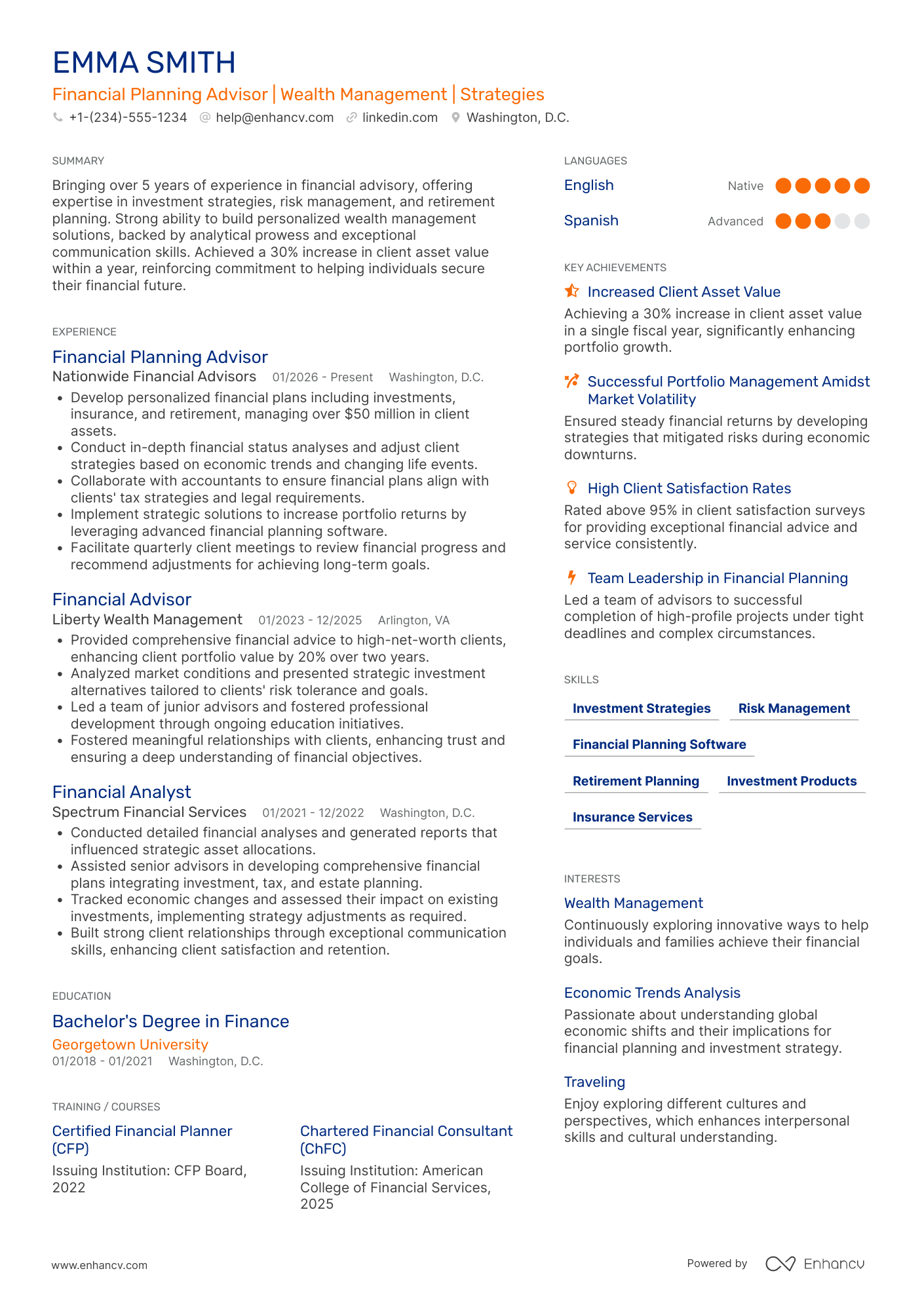 Financial Planning Advisor Resume Example