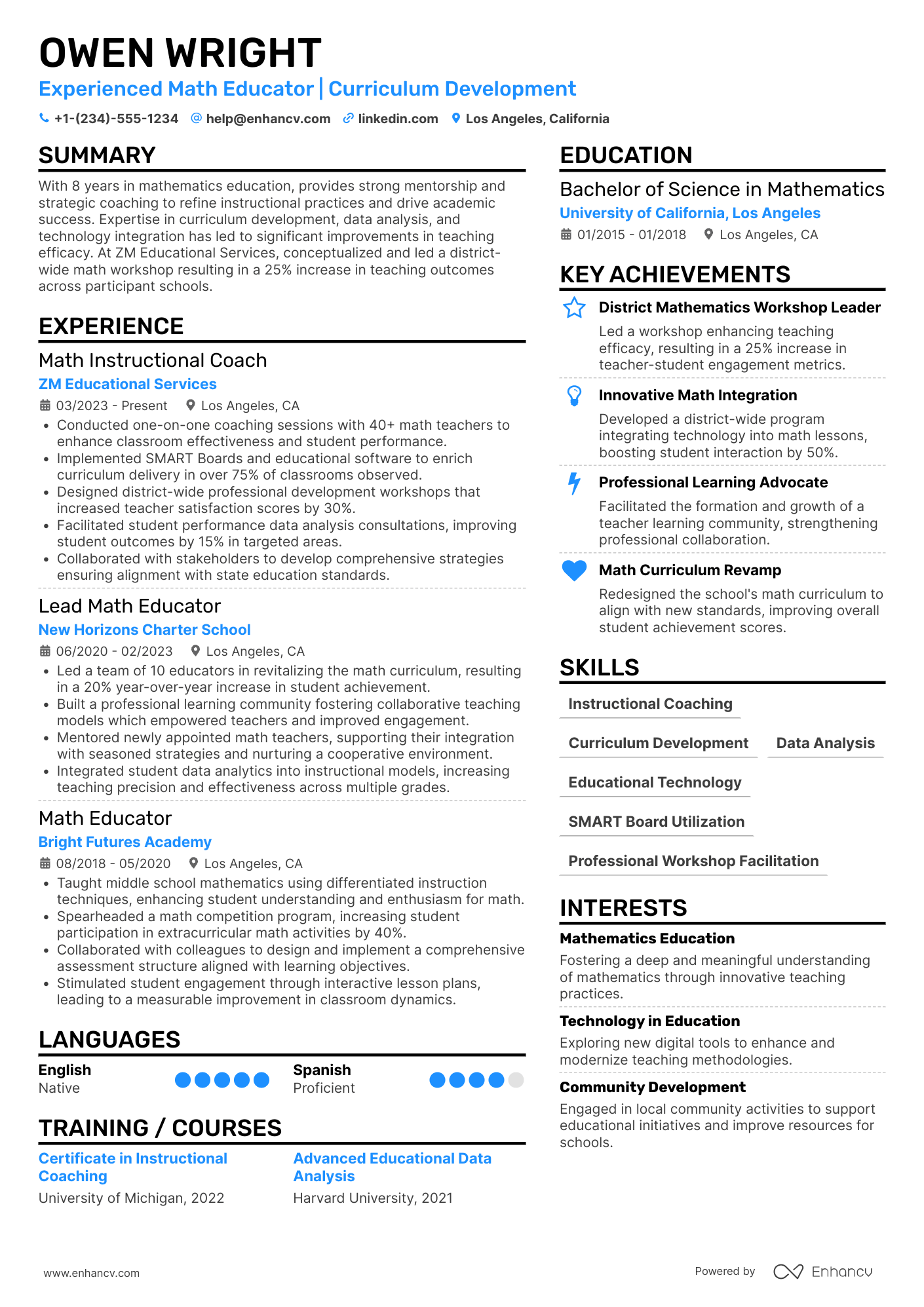 Math Teacher Coach Resume Example
