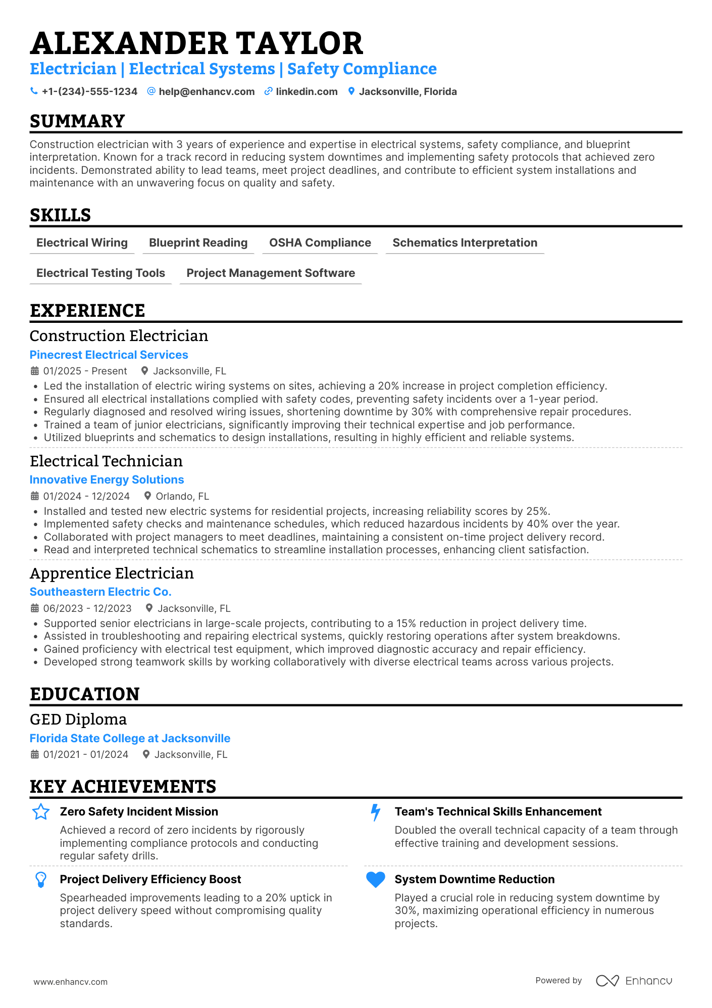 Construction Electrician Resume Example