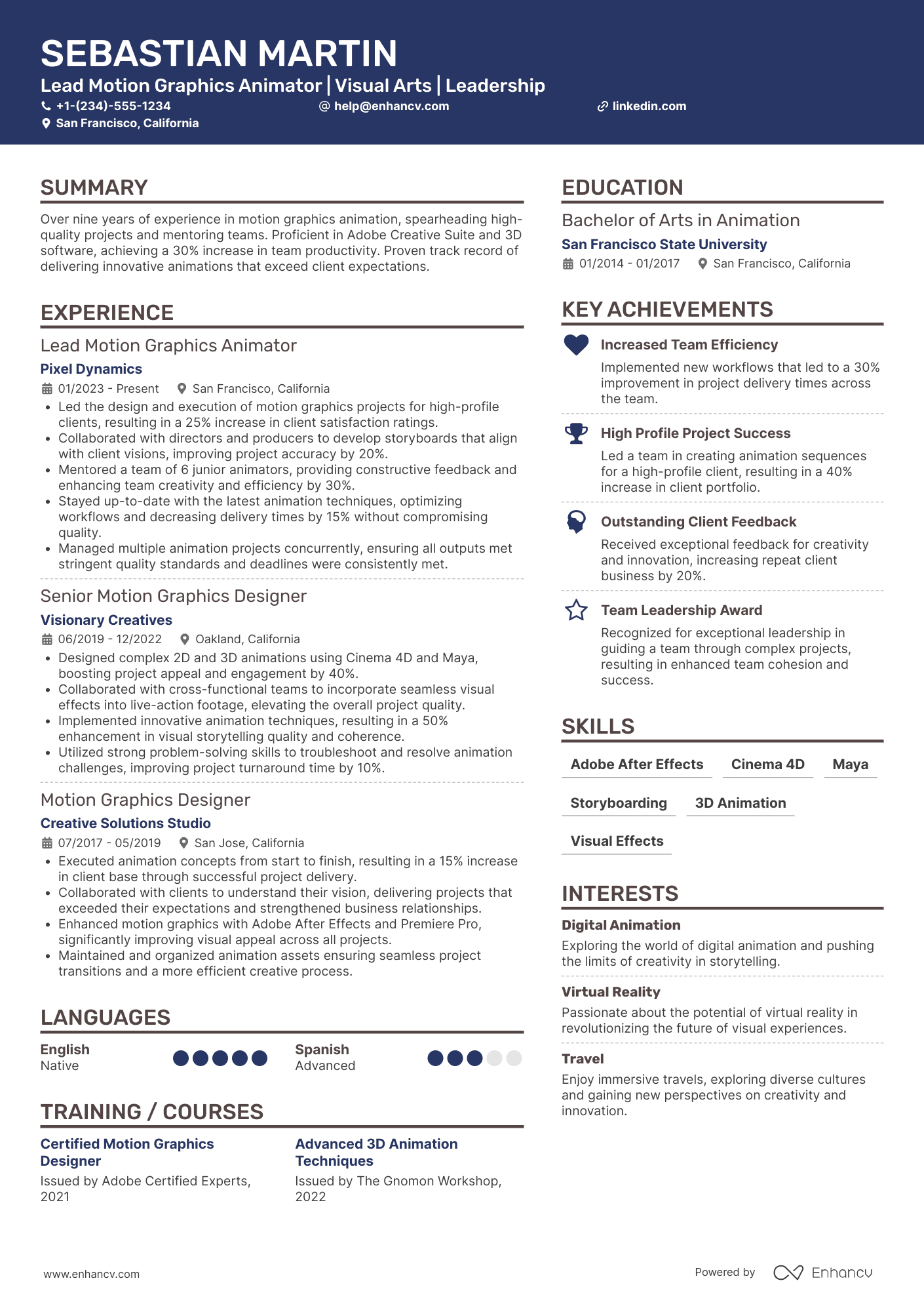 Lead Motion Graphics Animator Resume Example