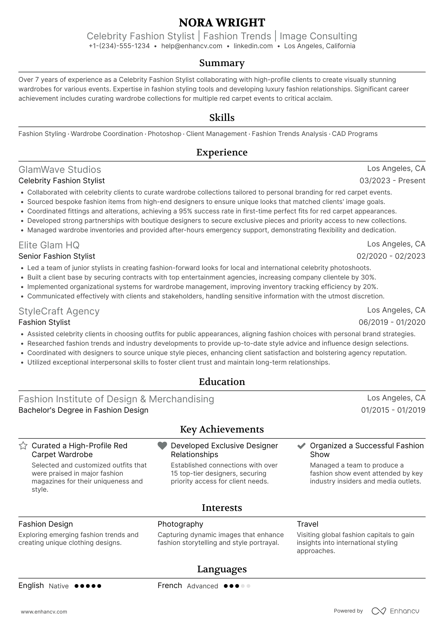 Celebrity Fashion Stylist Resume Example