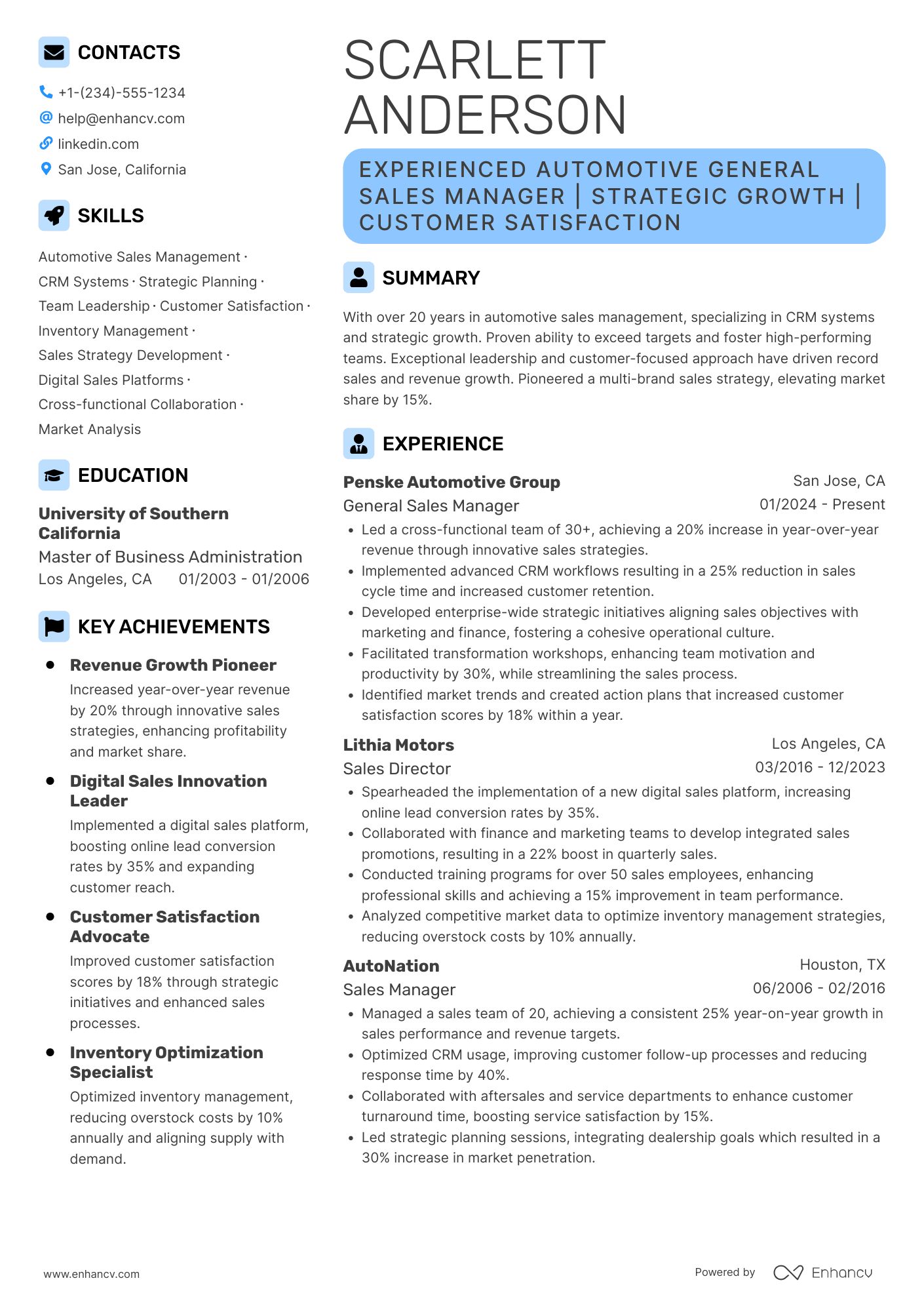 Automotive General Sales Manager Resume Example
