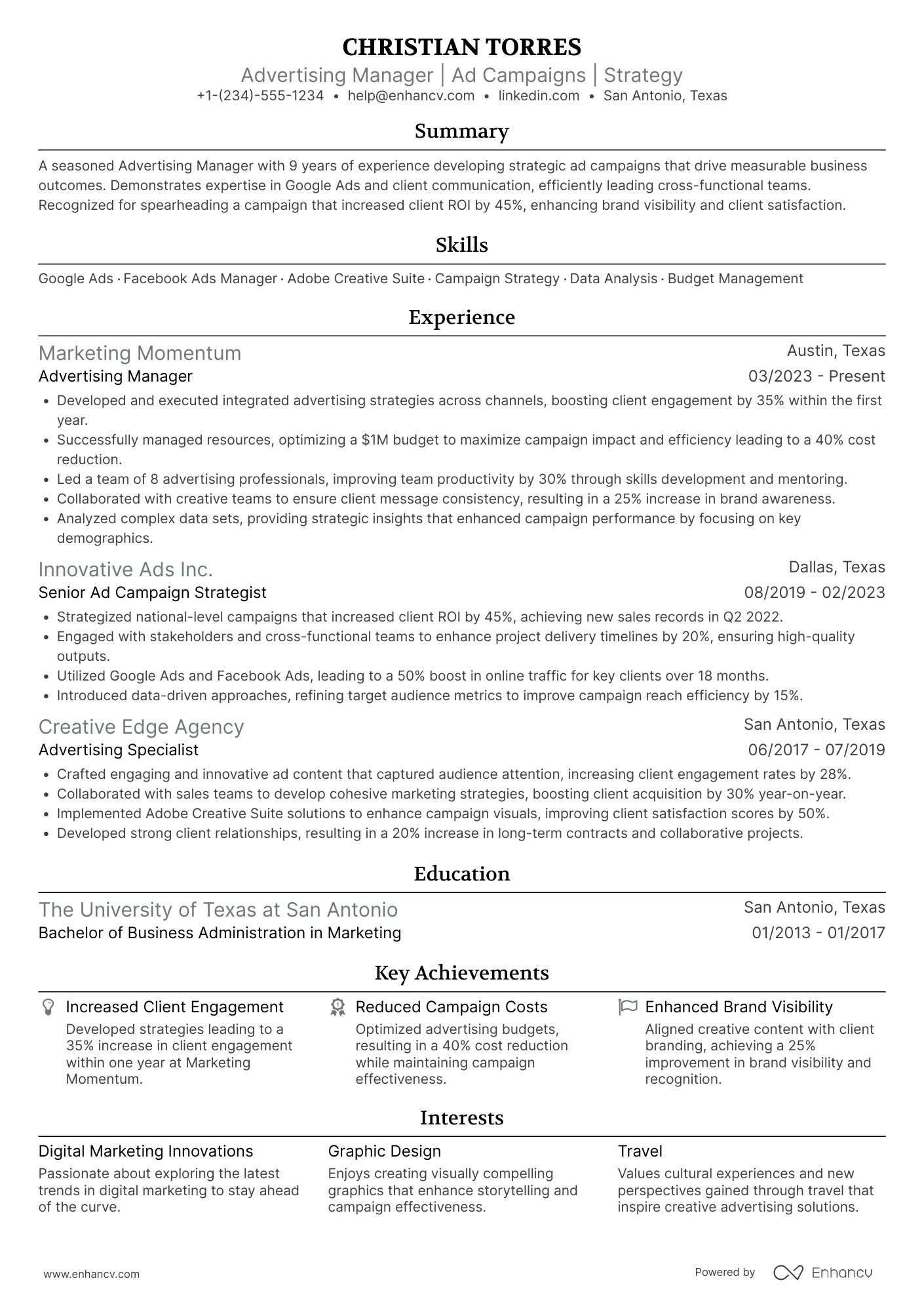 Advertising Manager Resume Example