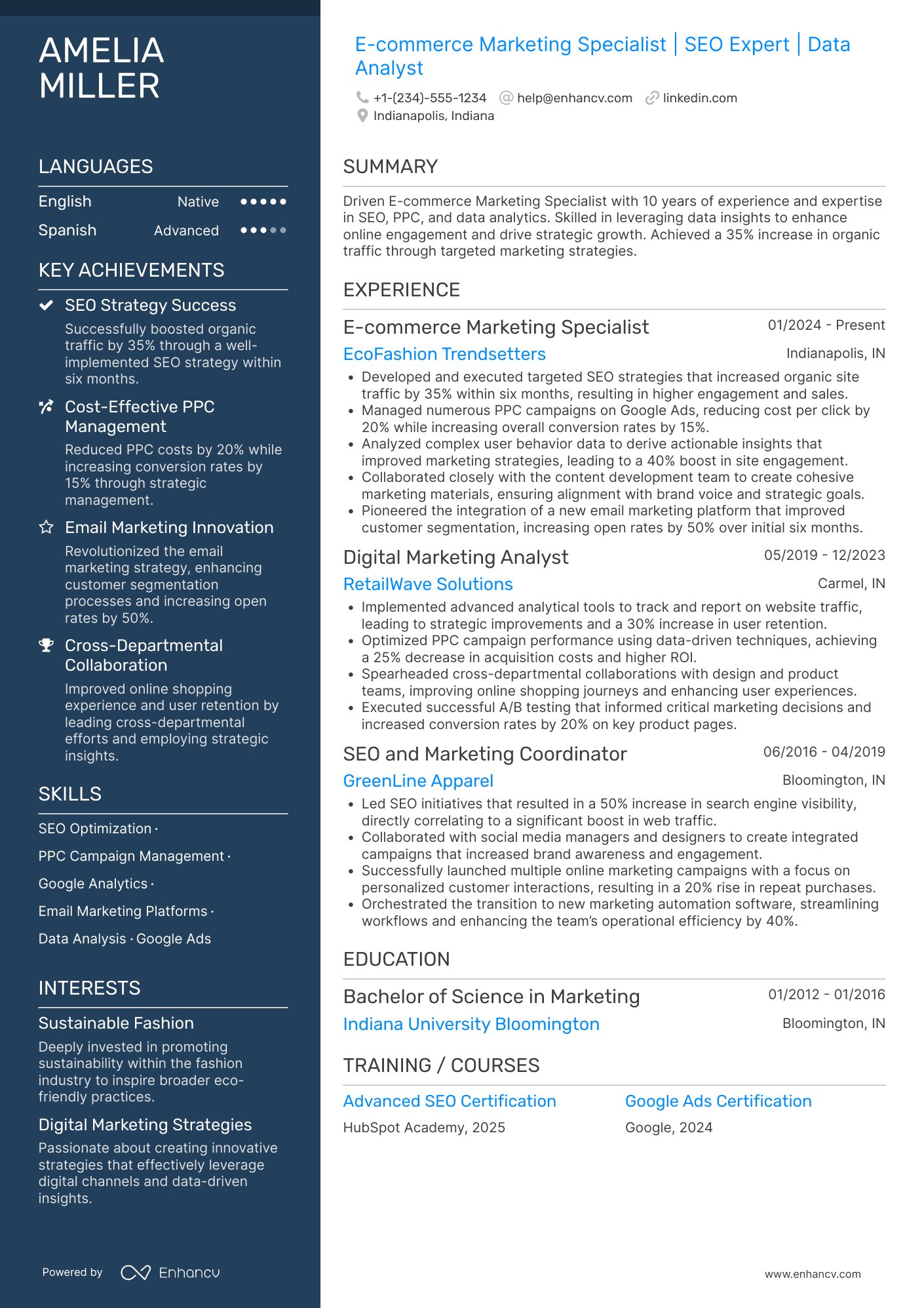 E commerce Marketing Specialist Resume Example