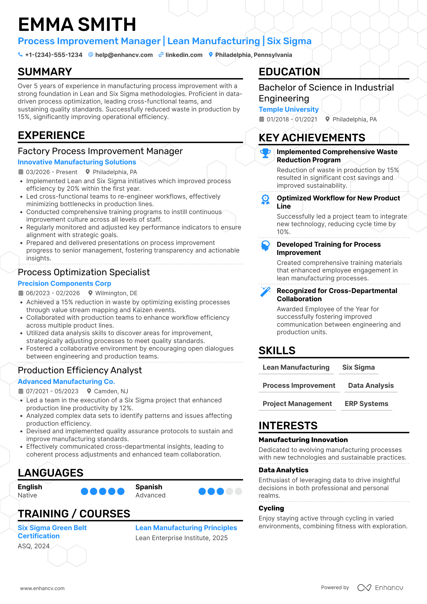Factory Process Improvement Manager Resume Example