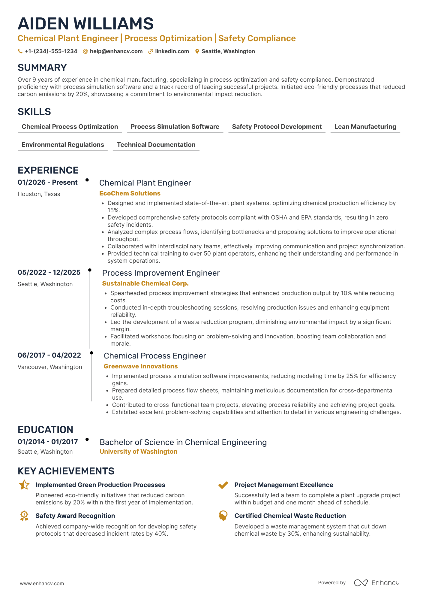 Chemical Plant Engineer Resume Example
