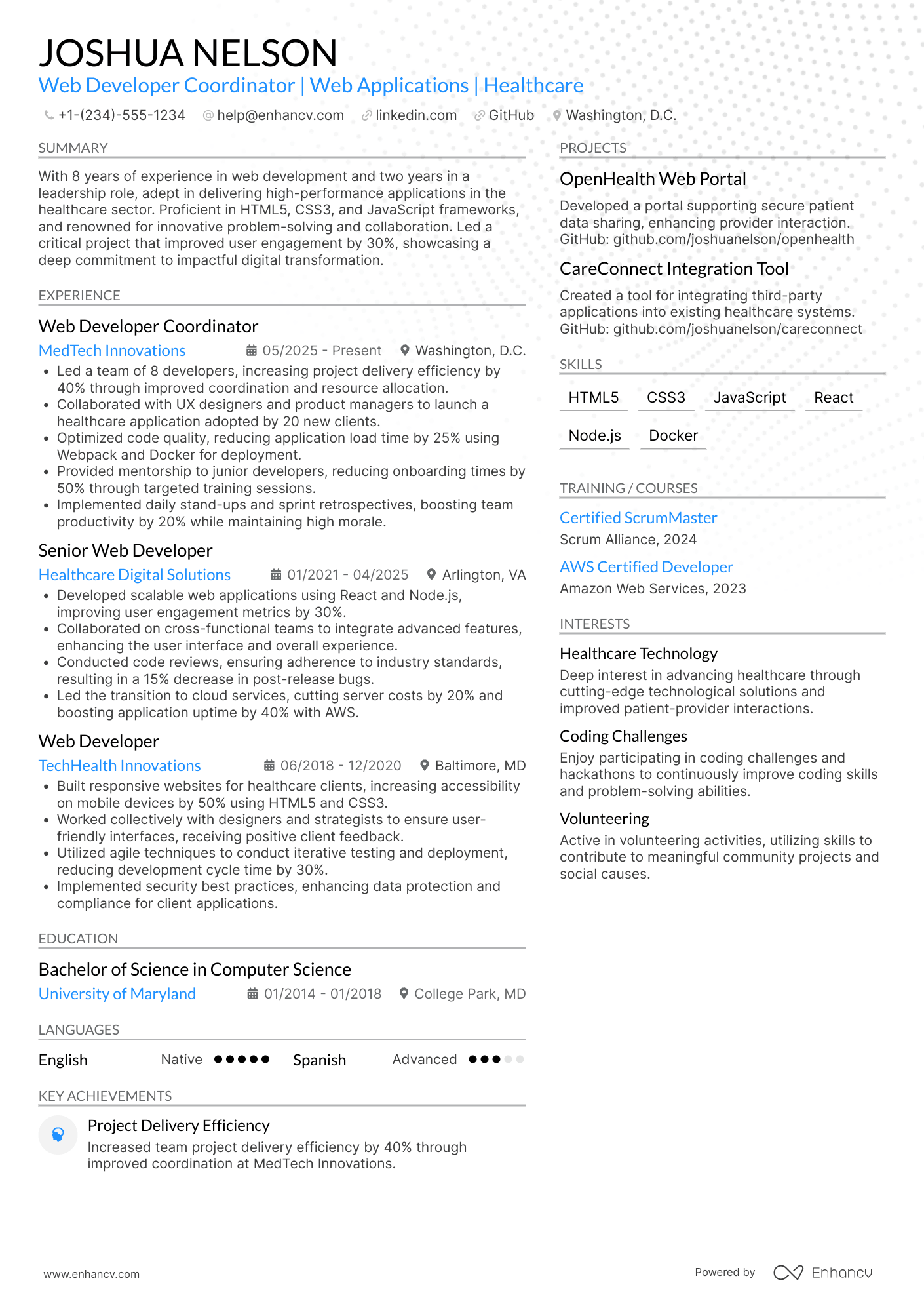 Web Developer Coordinator Resume Example