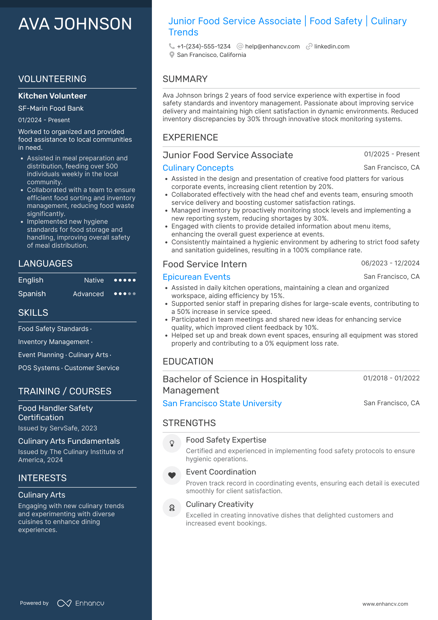 Junior Food Service Associate Resume Example