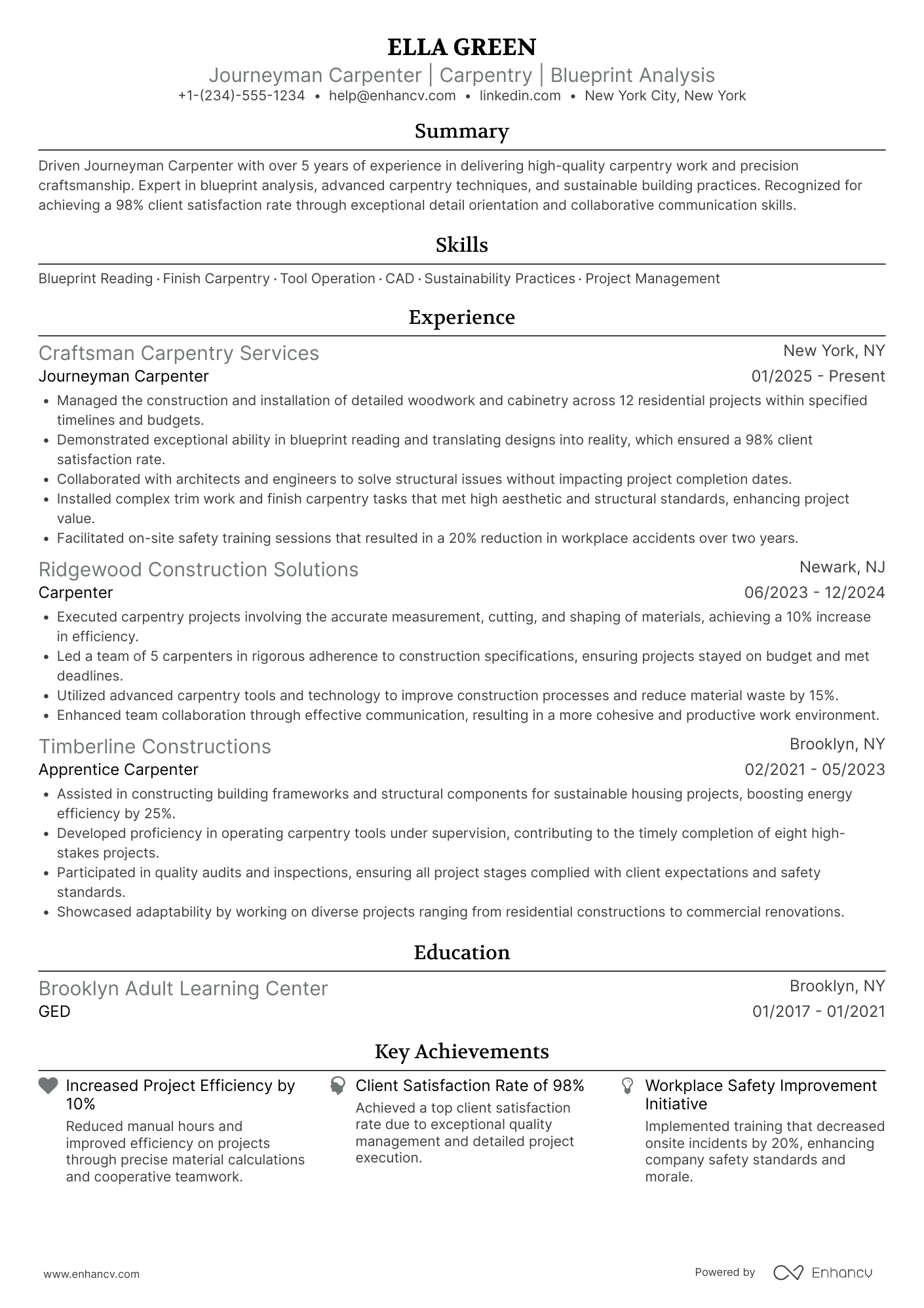 Journeyman Carpenter Resume Example