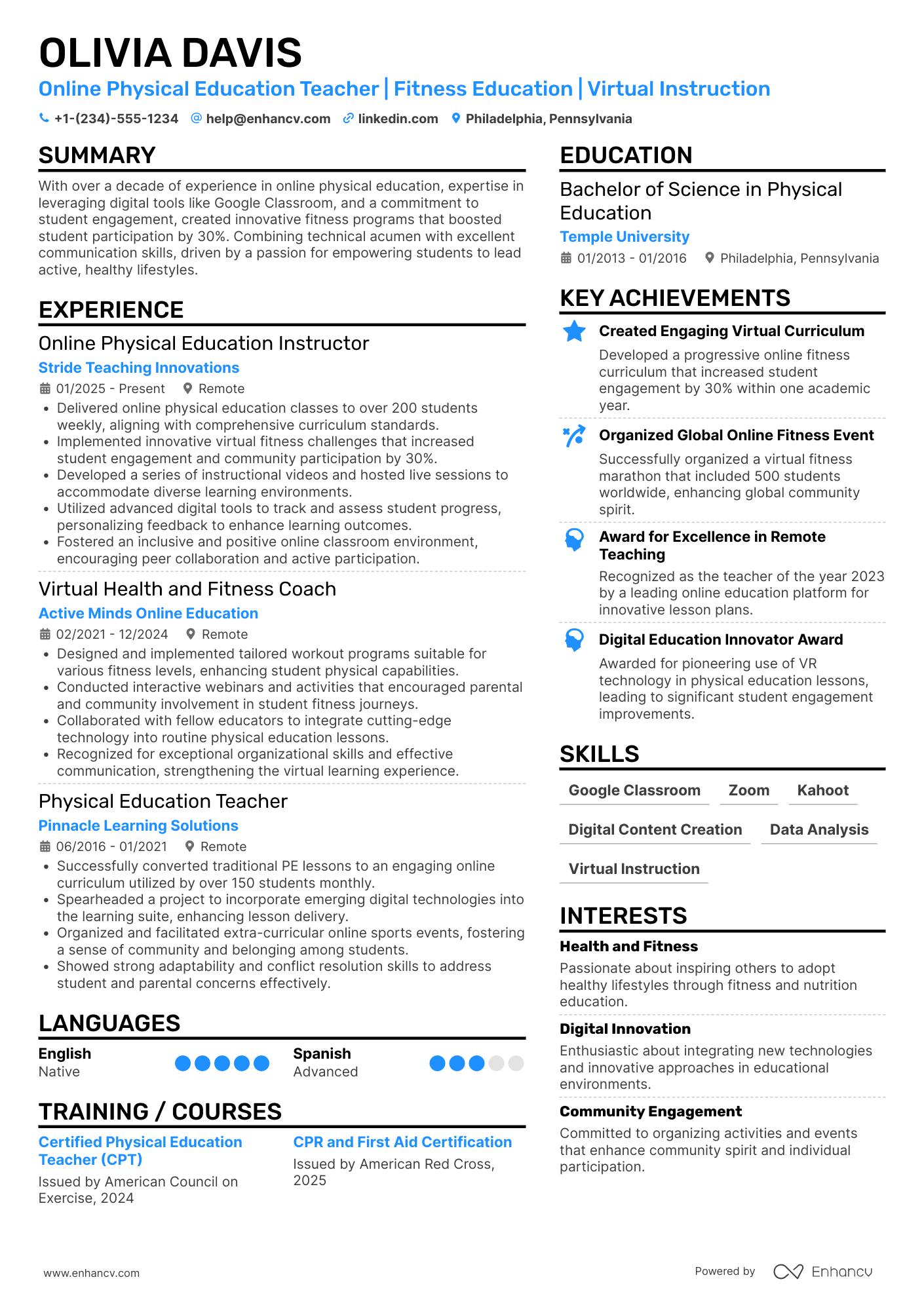 Online Physical Education Teacher Resume Example