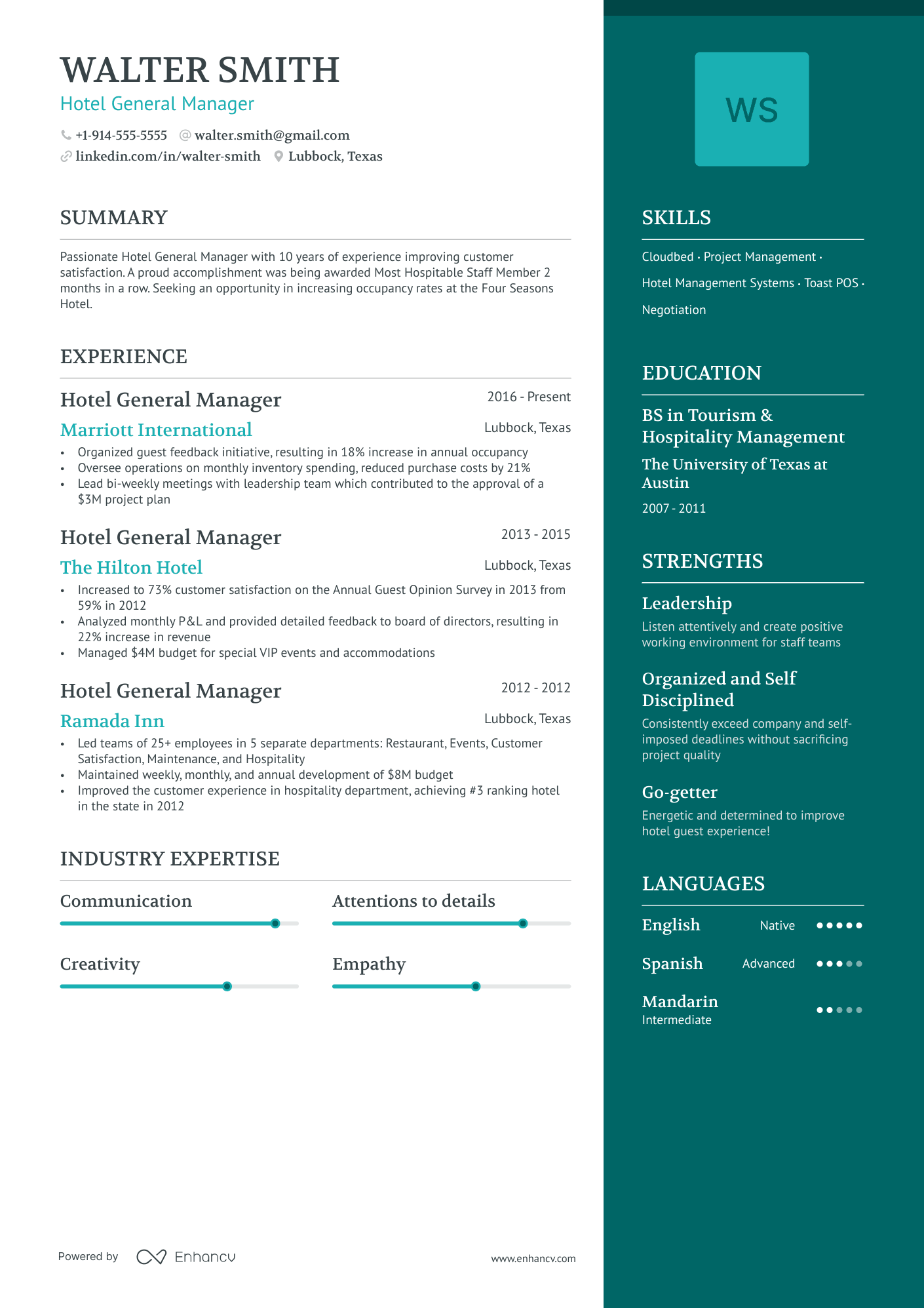 Hotel General Manager Resume Example