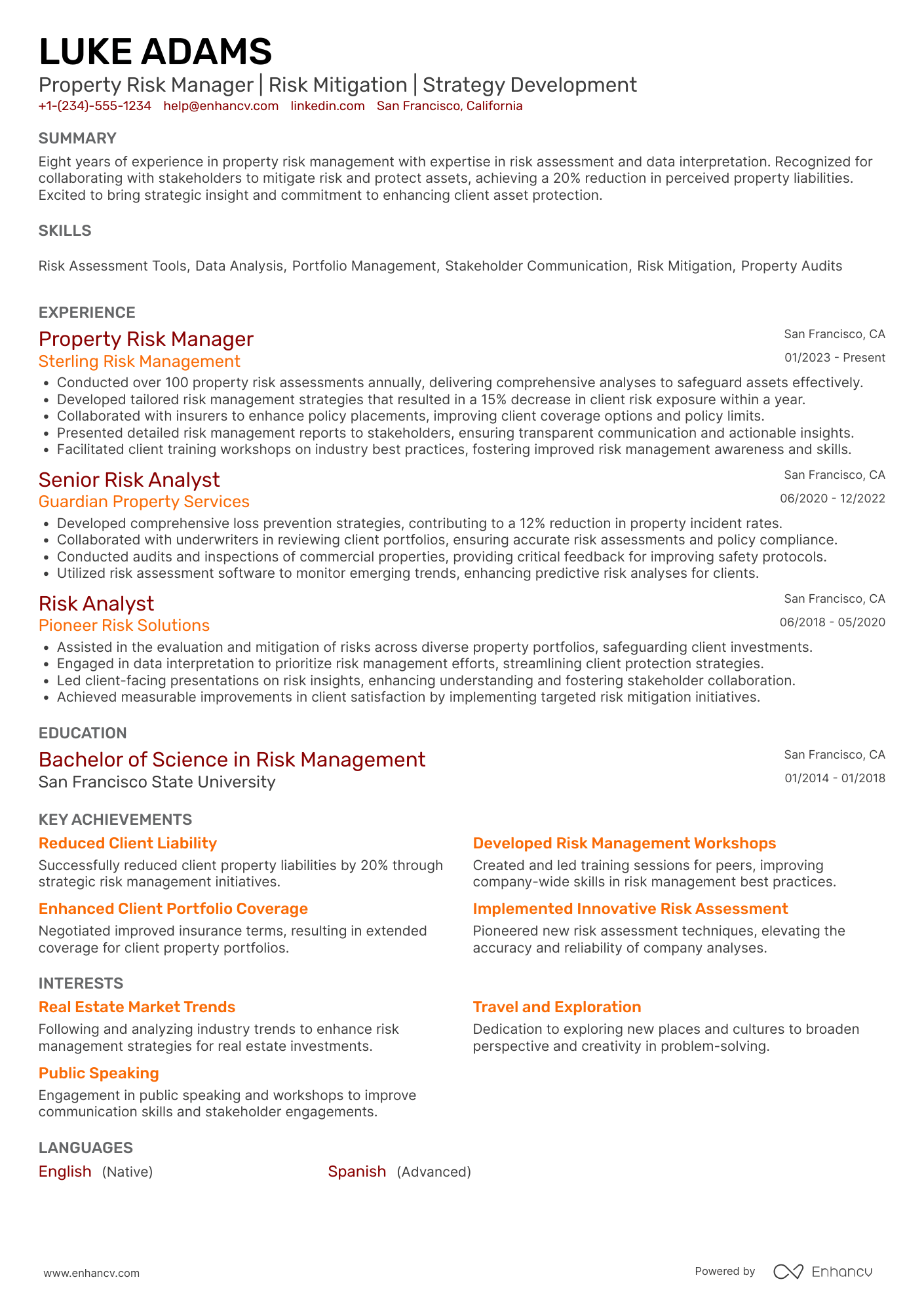Property Risk Manager Resume Example