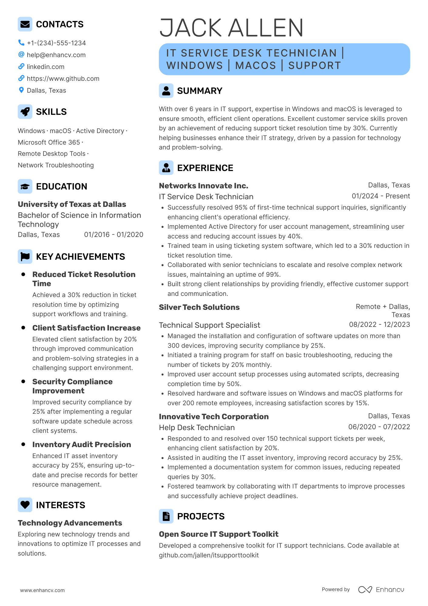 IT Service Desk Technician Resume Example