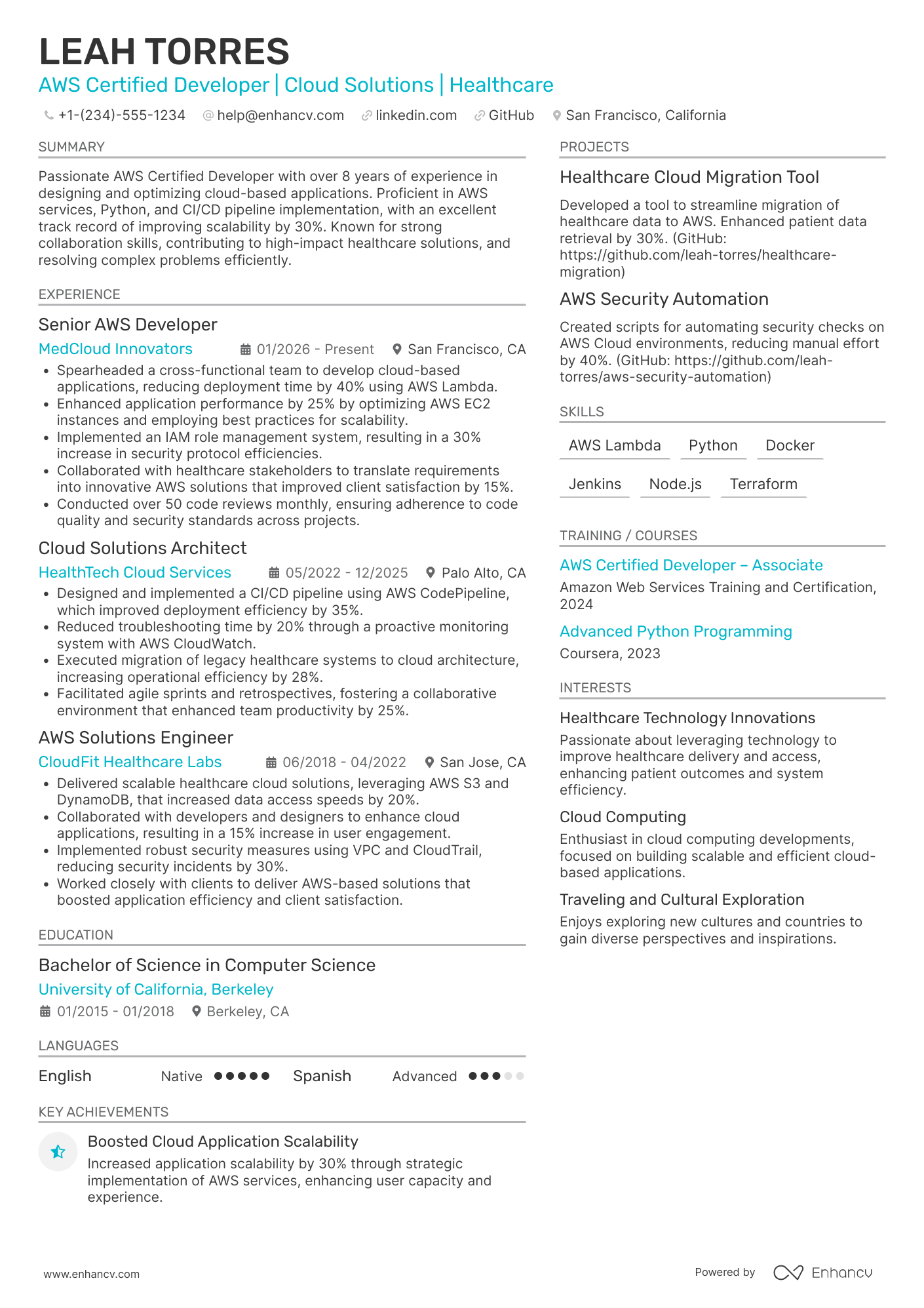 AWS Certified Developer Resume Example