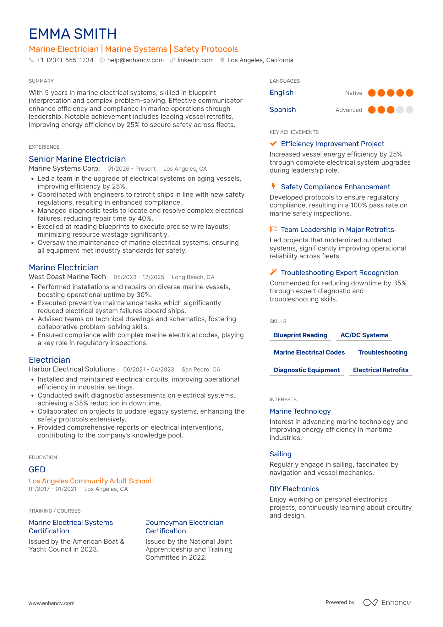 Marine Electrician Resume Example