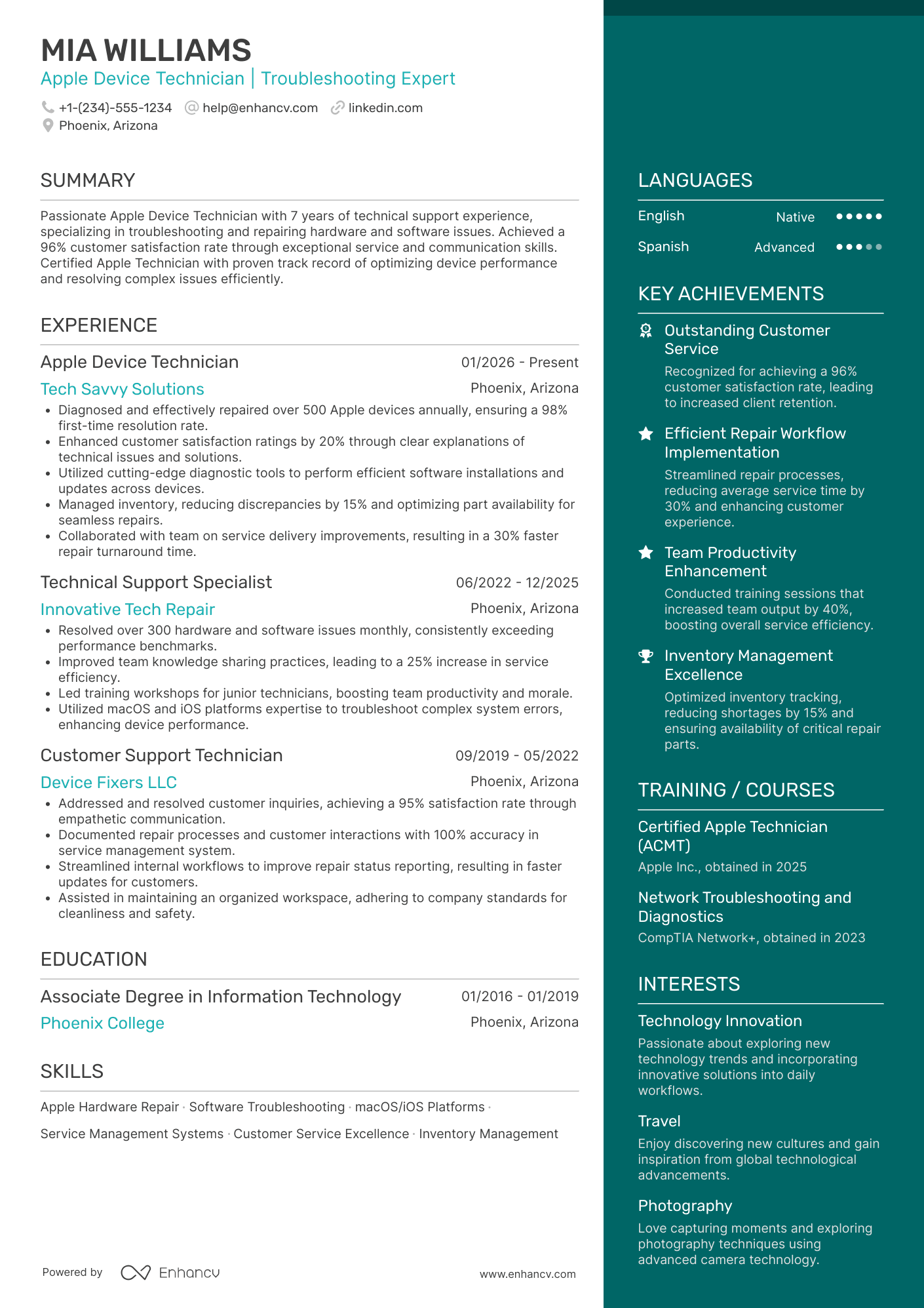 Apple Genius Bar Technician Resume Example