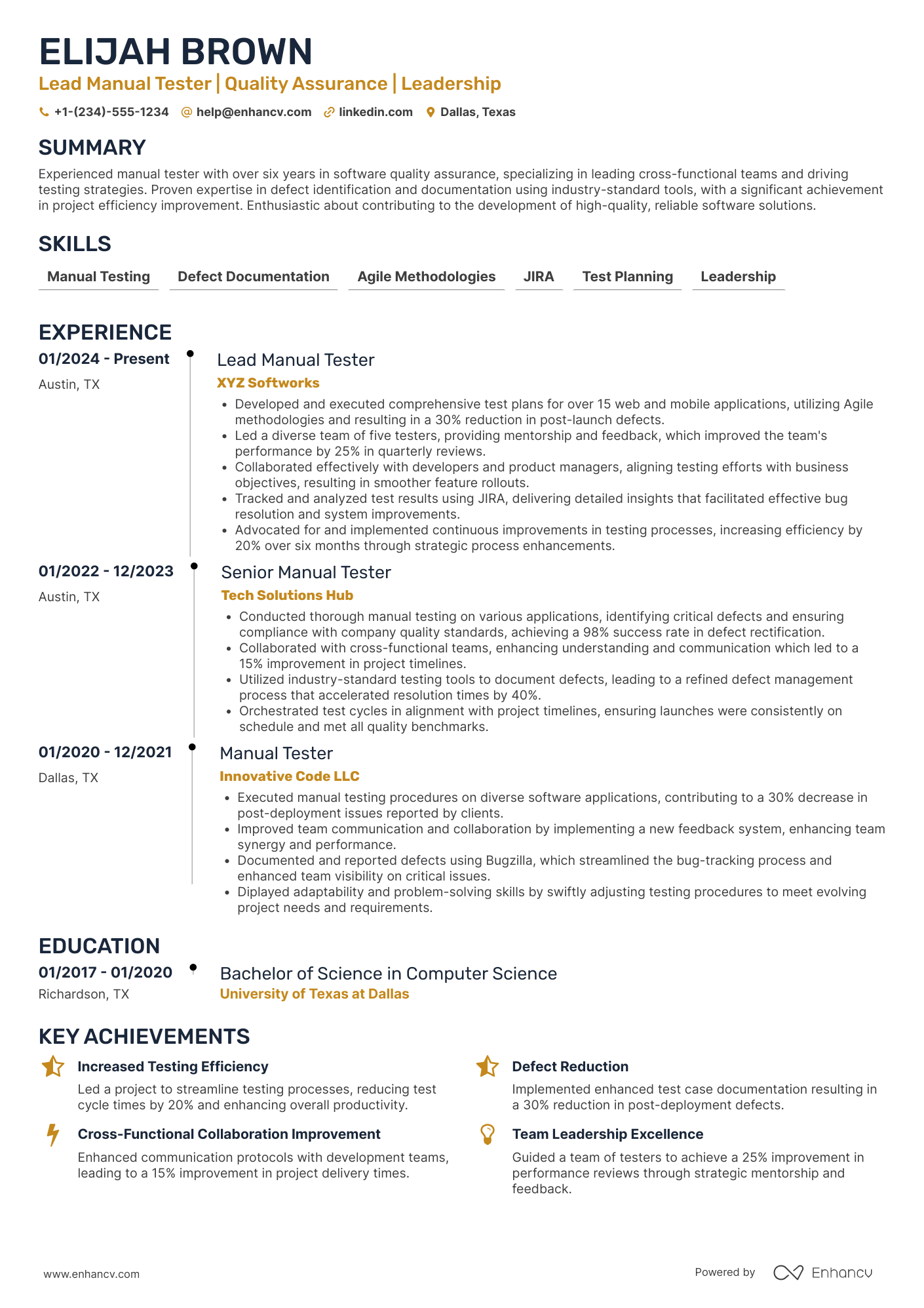 Lead Manual Tester Resume Example