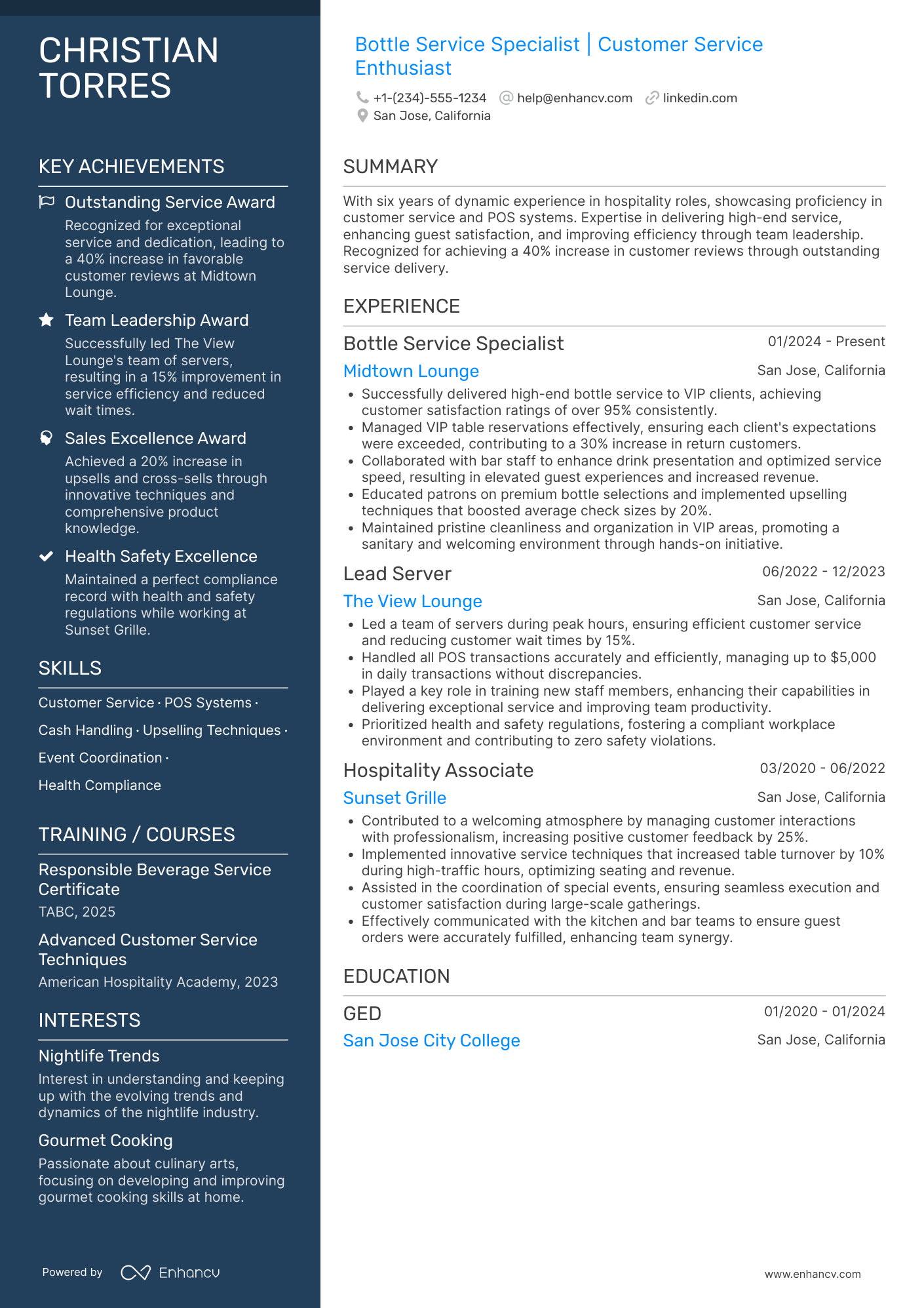 Bottle Service Waitress Resume Example