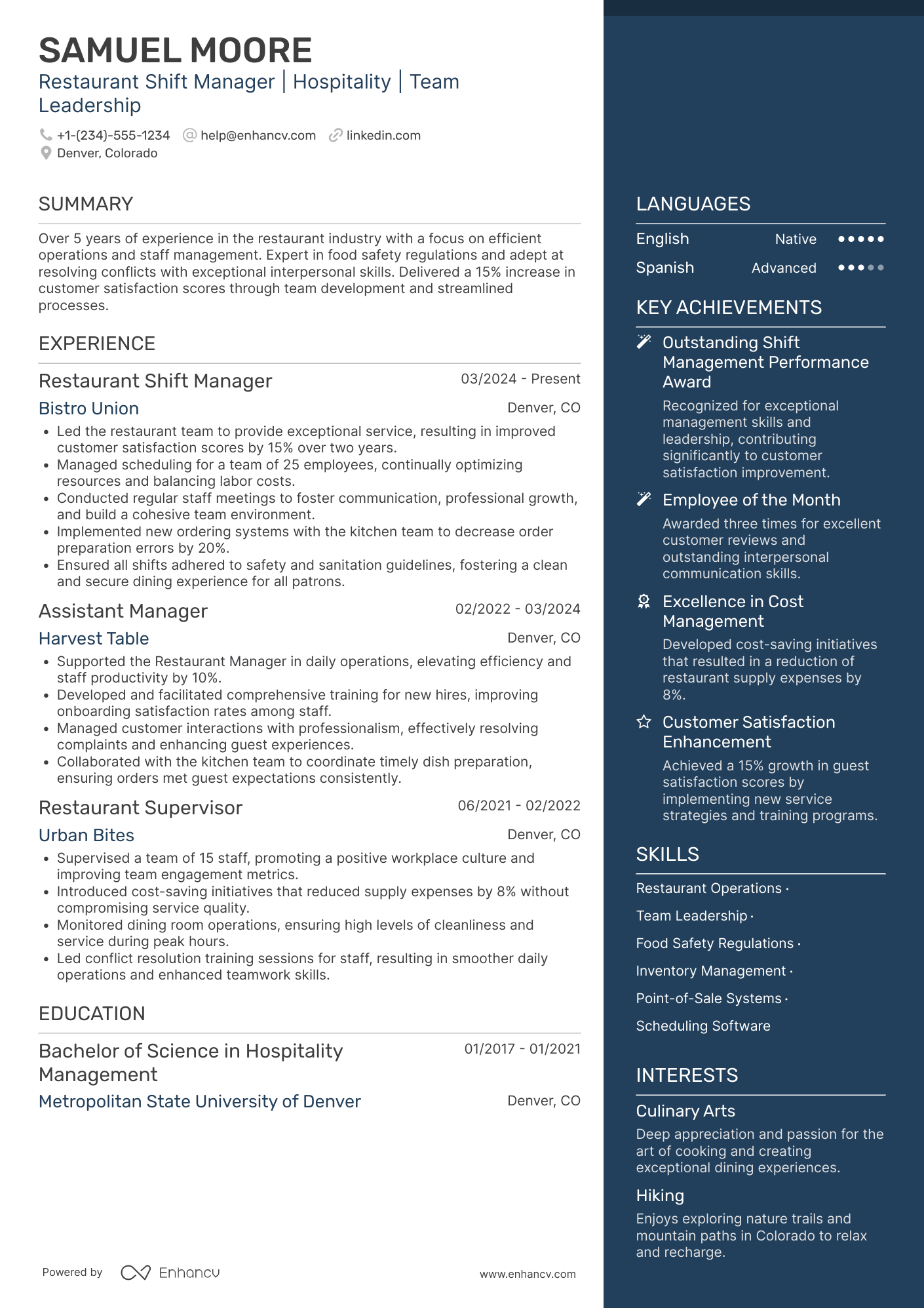 Restaurant Shift Manager Resume Example