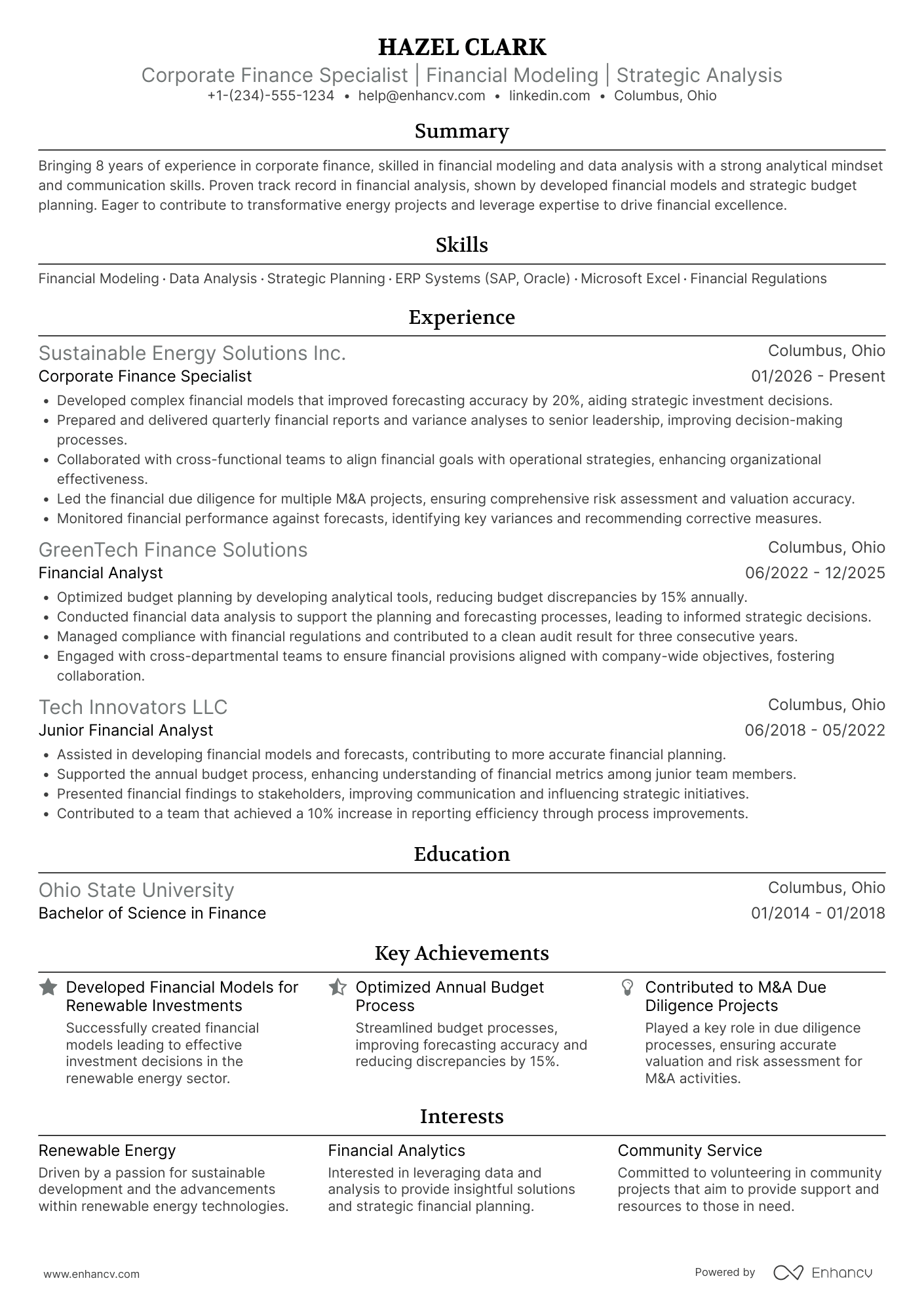 Corporate Finance Specialist Resume Example