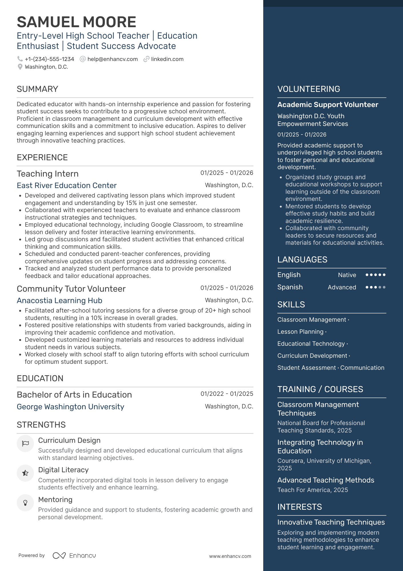 Entry Level High School Teacher Resume Example