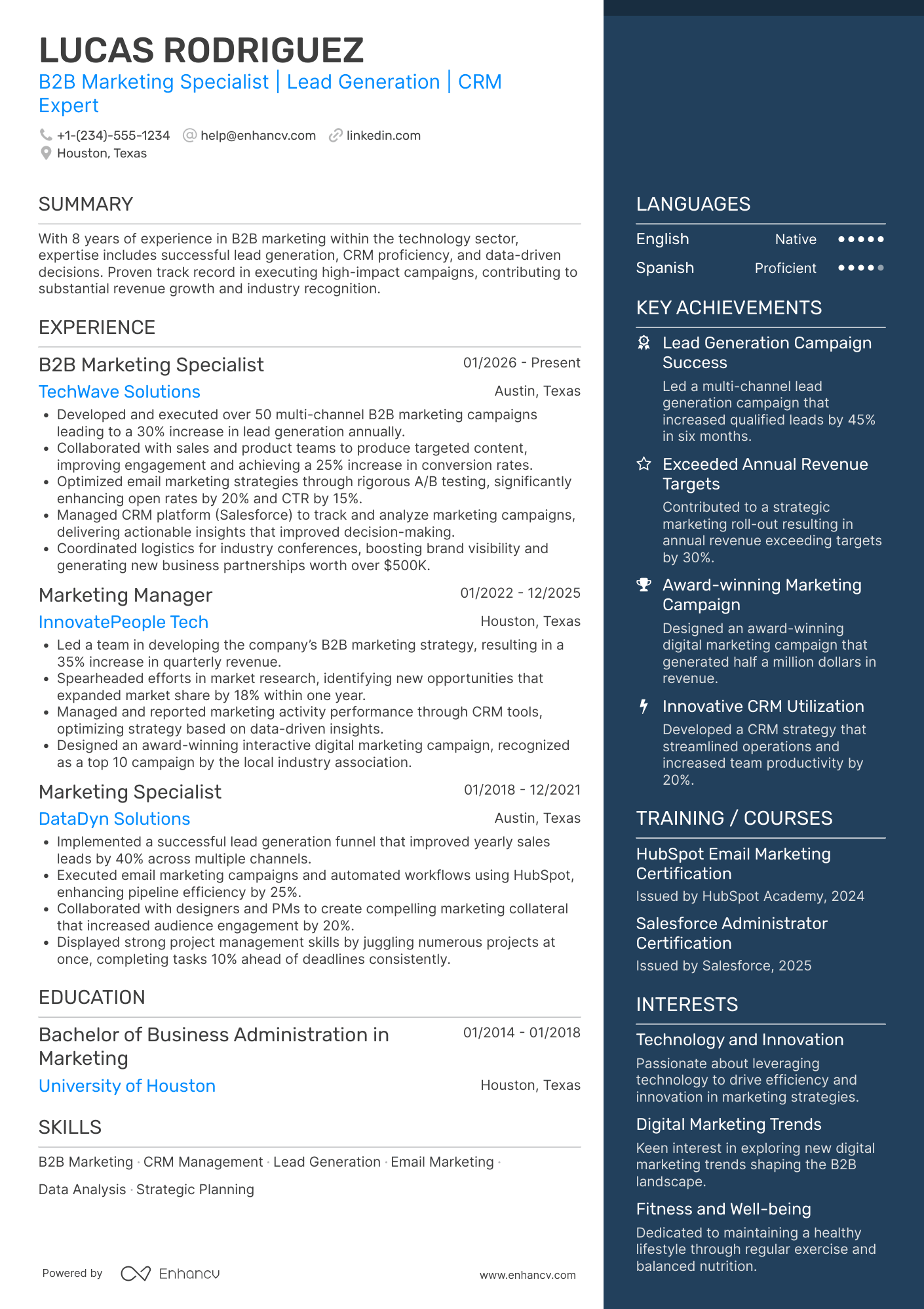 B2B Marketing Specialist Resume Example